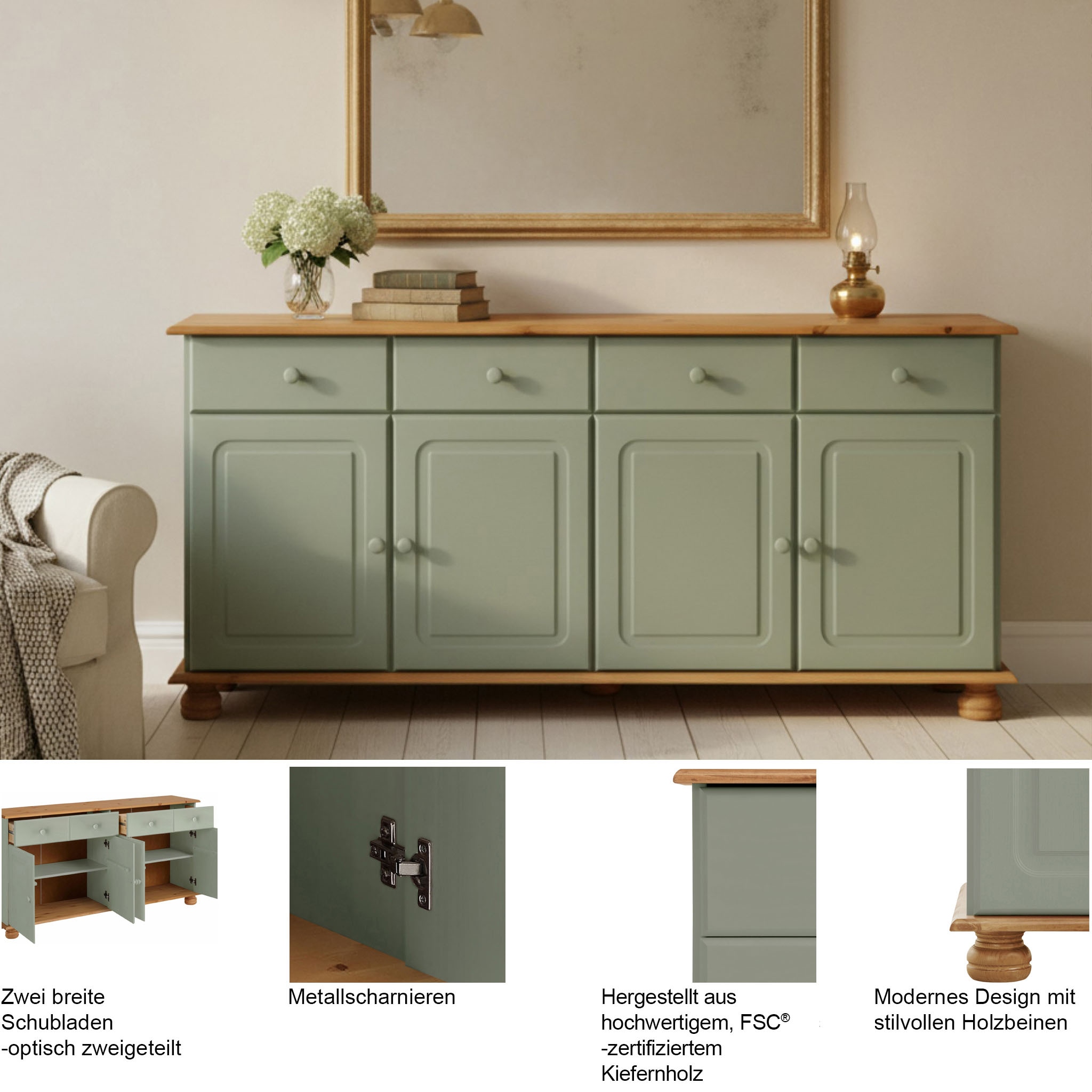 GOODproduct Sideboard »Mette« Kommode aus massivem Kiefernholz, Breite 156 cm