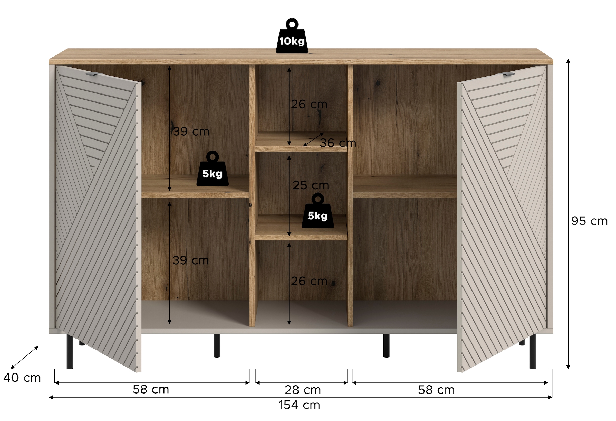 Home affaire Sideboard »RAITA, Breite 154 cm, Front mit Desgin-Fräsung, 2 Türen, viel Stauraum« moderne Farbkombi, individuell einsetzbar, Griffe & Füsse aus Metall,  Kommode, Anrichte, Schrank, Highboard, TV-Board