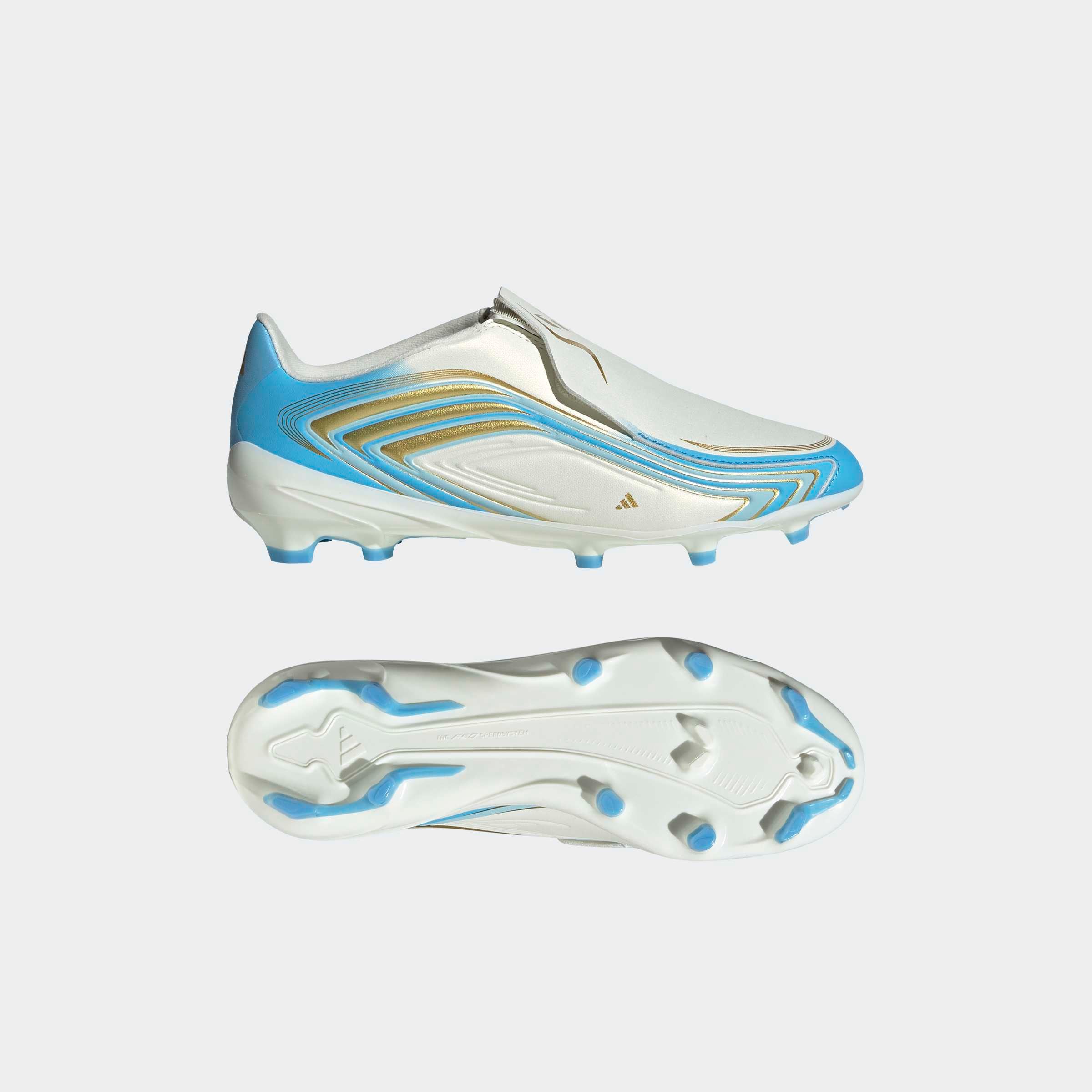 adidas Performance Fussballschuh »F50 MESSI LEAGUE KIDS , FESTE BÖDEN, OHNE SCHNÜRSENKEL«  Aussensohle für Rasen und feste Böden, für Jugendliche & Kinder