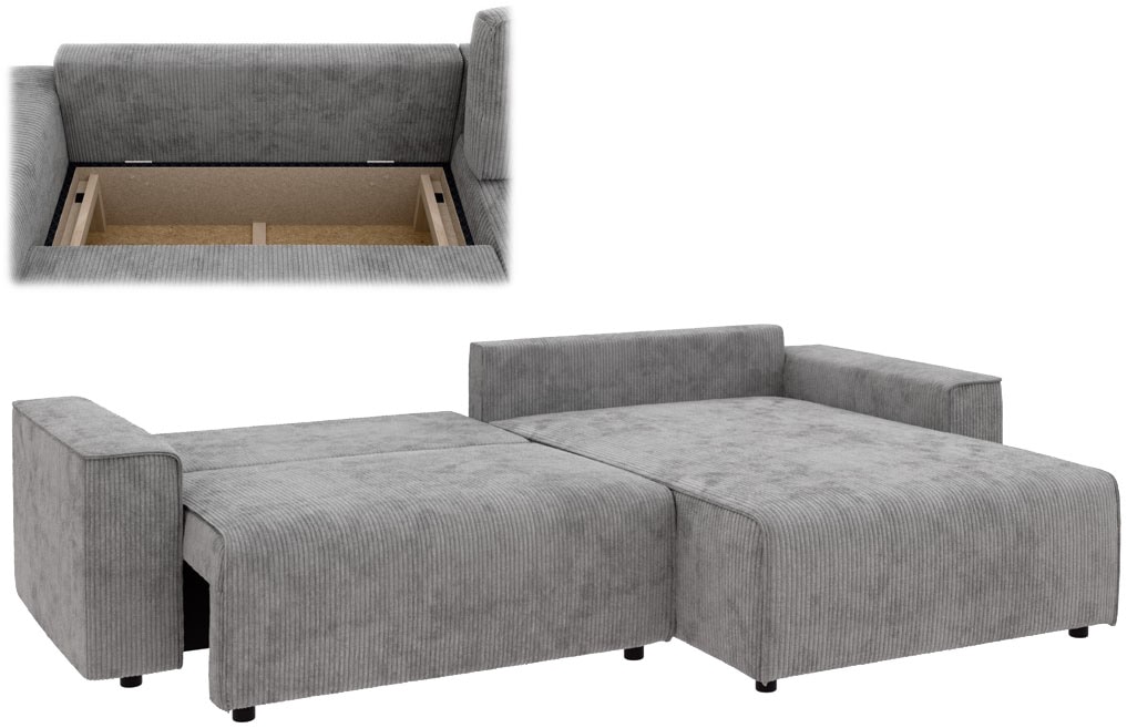 Home affaire Canapé d'angle »Chance, Recamiere beidseitig montierbar, Schlaffunktion, Breite 265 cm« en structure fine LINO, avec fonction couchage et coffre de lit