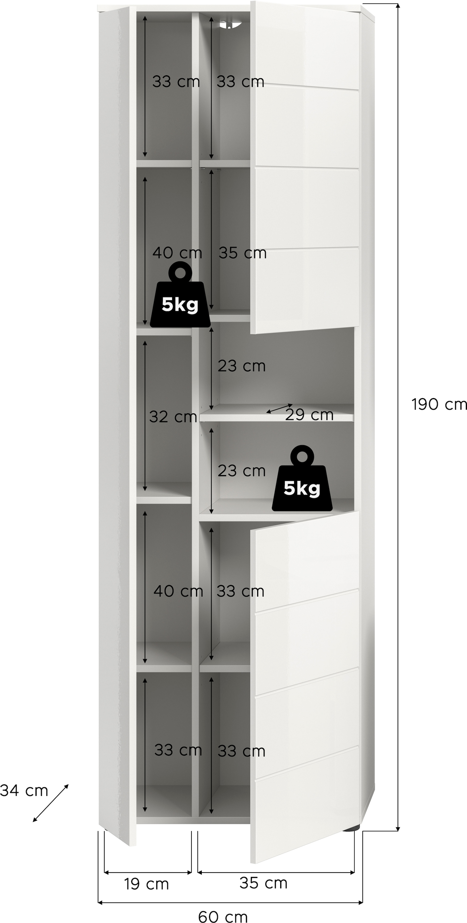 welltime Hochschrank »BIEL, 190 cm, 3 Türen, 2 offene Fächer« 1 Stk. tlg. Türanschlag wechselbar, modernes Design, Badschrank, Unterschrank, Bad