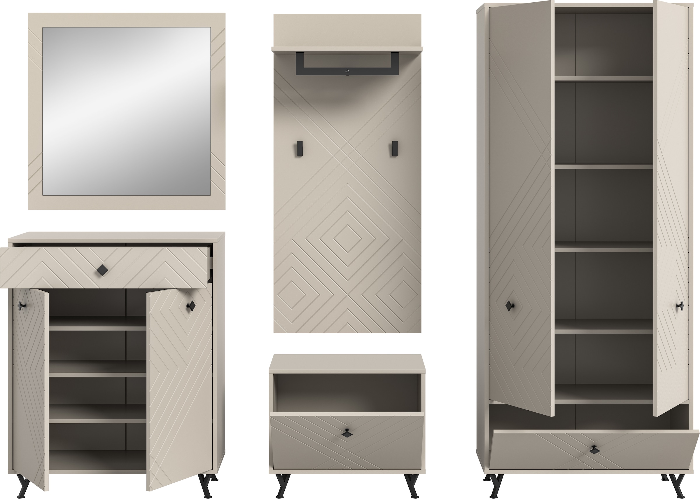 Home affaire Garderoben-Set »Mento, 5-teilig, Ornamentfräsung in der Front, bestehend aus:« Set, 5 Stk. tlg.