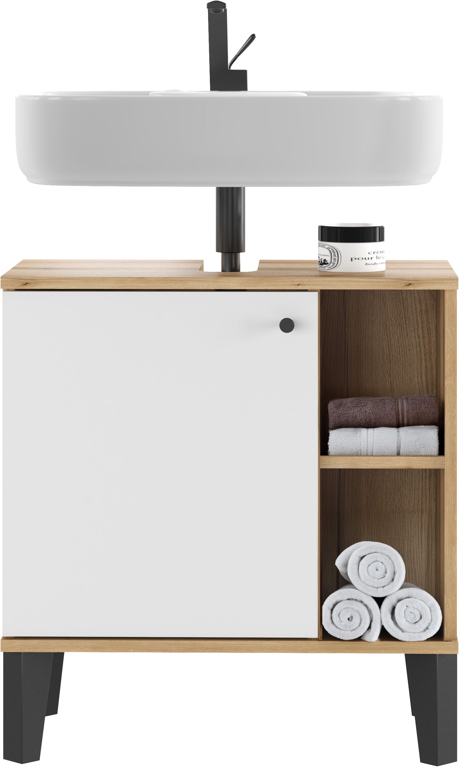 INOSIGN Armoire sous lavabo »Oslo, Waschtisch mit Knopfgriff, Badschrank im skandinavischen Design« in der Türfarbe Weiss oder Grau verfügbar, ausreichend Stauraum