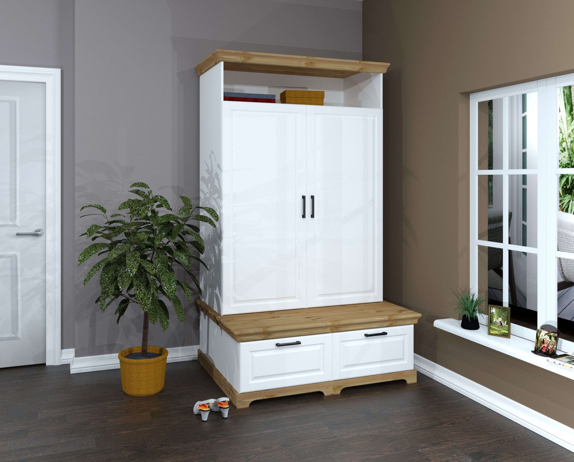 GOODproduct Armoires à vêtements »Rügen Garderobenschrank, Drehtürenschrank, Schrank« FSC® zertifizierte massive Kiefer, Breite 127 cm, integrierte Bank