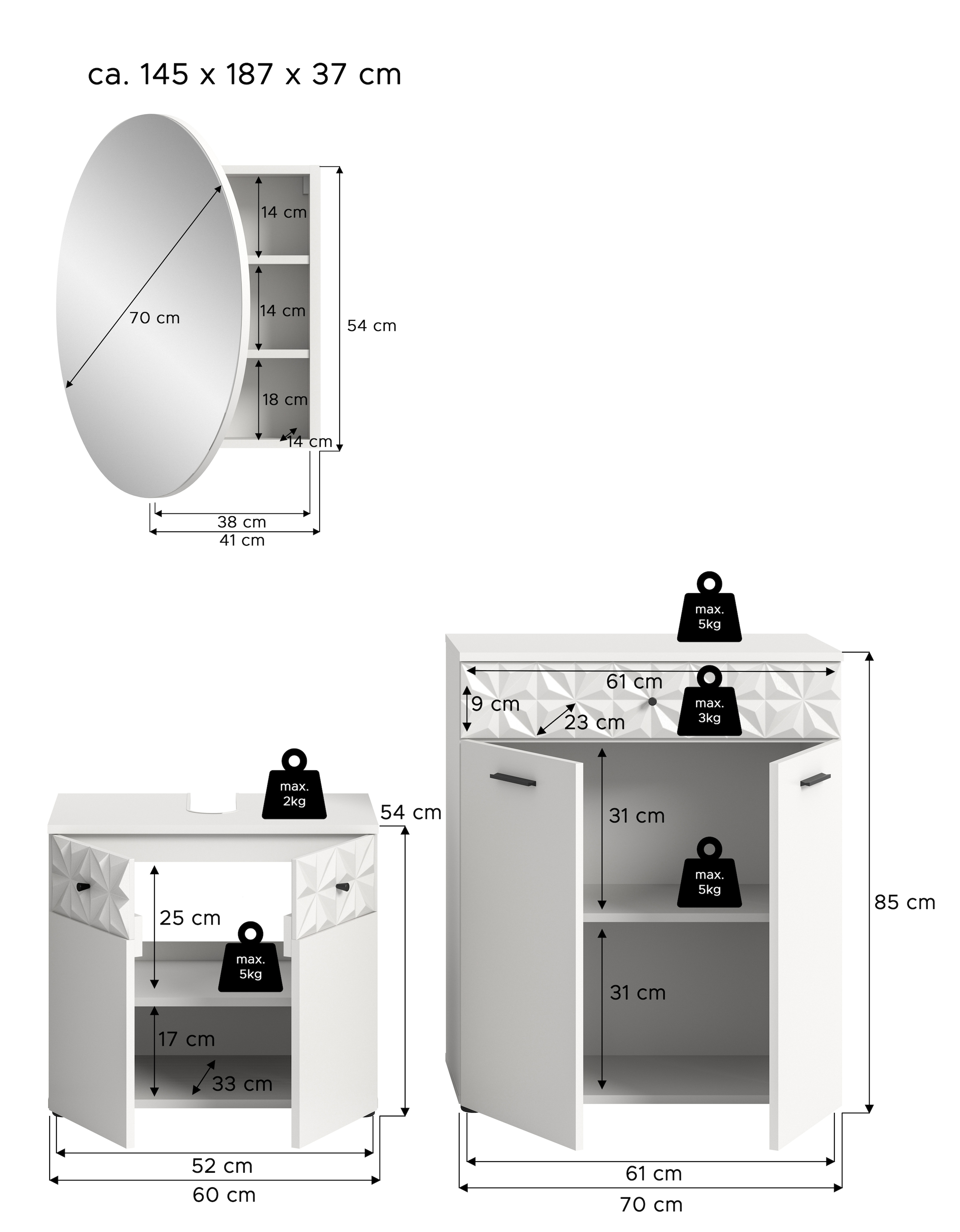 INOSIGN Badezimmer-Set »VICENZA, TOPSELLER!, Breite 145cm, 3-teilig, mit Ornamentabsetzung« best. aus: Waschbeckenunterschrank, Spiegelschrank und Unterschrank, 