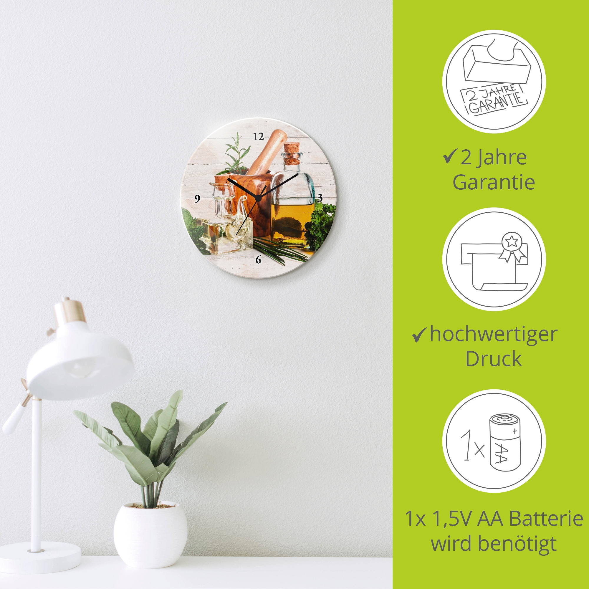 Artland Wanduhr »Olivenöl und Kräuter - Küche« wahlweise mit  Quarz- oder Funkuhrwerk, lautlos ohne Tickgeräusche