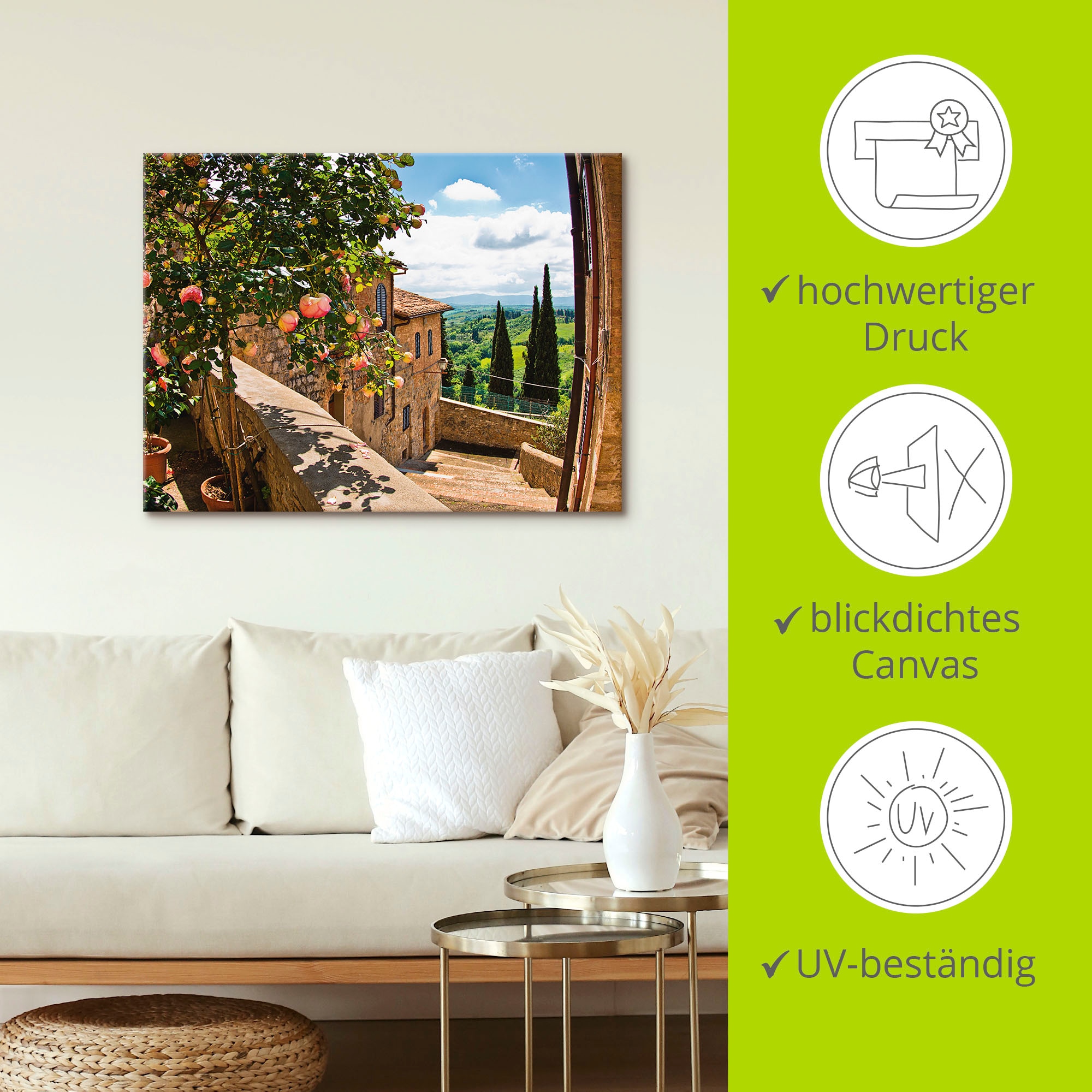 Artland Fresque murale »Rosen auf Balkon Toskanalandschaft« 1 cuis tlg. als Leinwandbild, Poster in verschied. Grössen