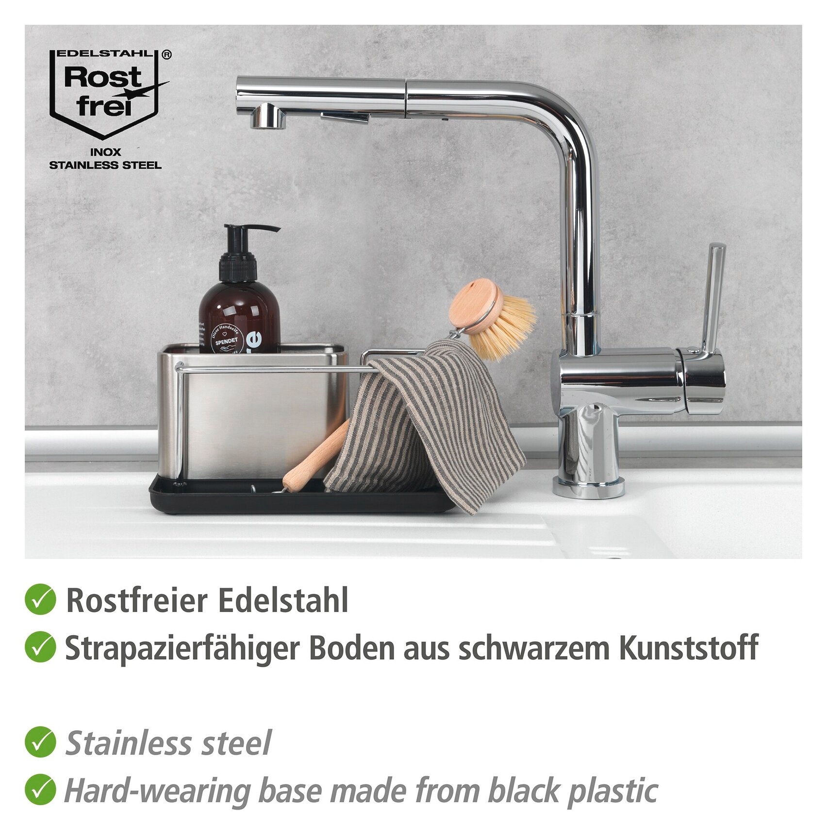 WENKO Support de vaisselle »Modell Orio« organisateur d’évier en acier inoxydable, pour ustensiles de lavage
