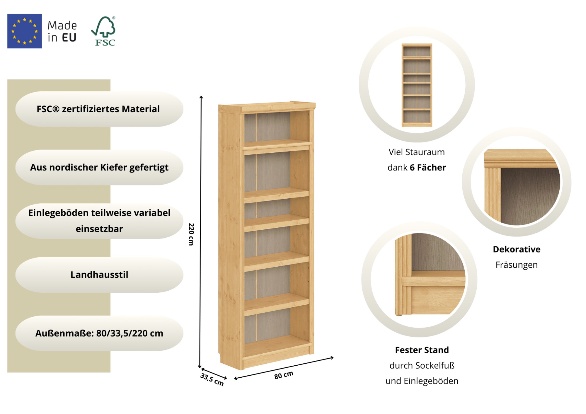 GOODproduct Bücherregal »Soeren Regal B/T/H: 80/33,5/220 cm, mit 6 Fächern« massive Kiefer, FSC®-zertifizier