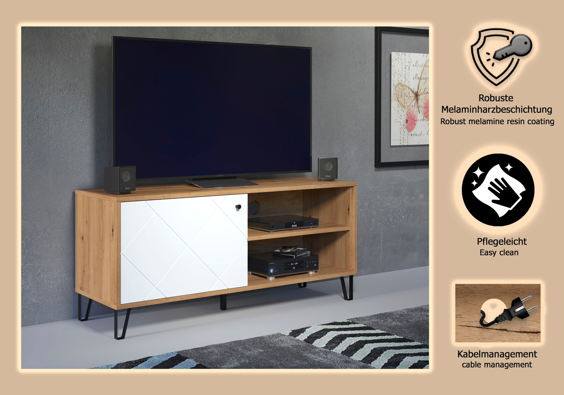 PLACES OF STYLE Lowboard »Tarragona TV-Kommode« TV-Unterteil mit 1 Tür & 2 Fächern - (B/T/H) 123/40/56 cm