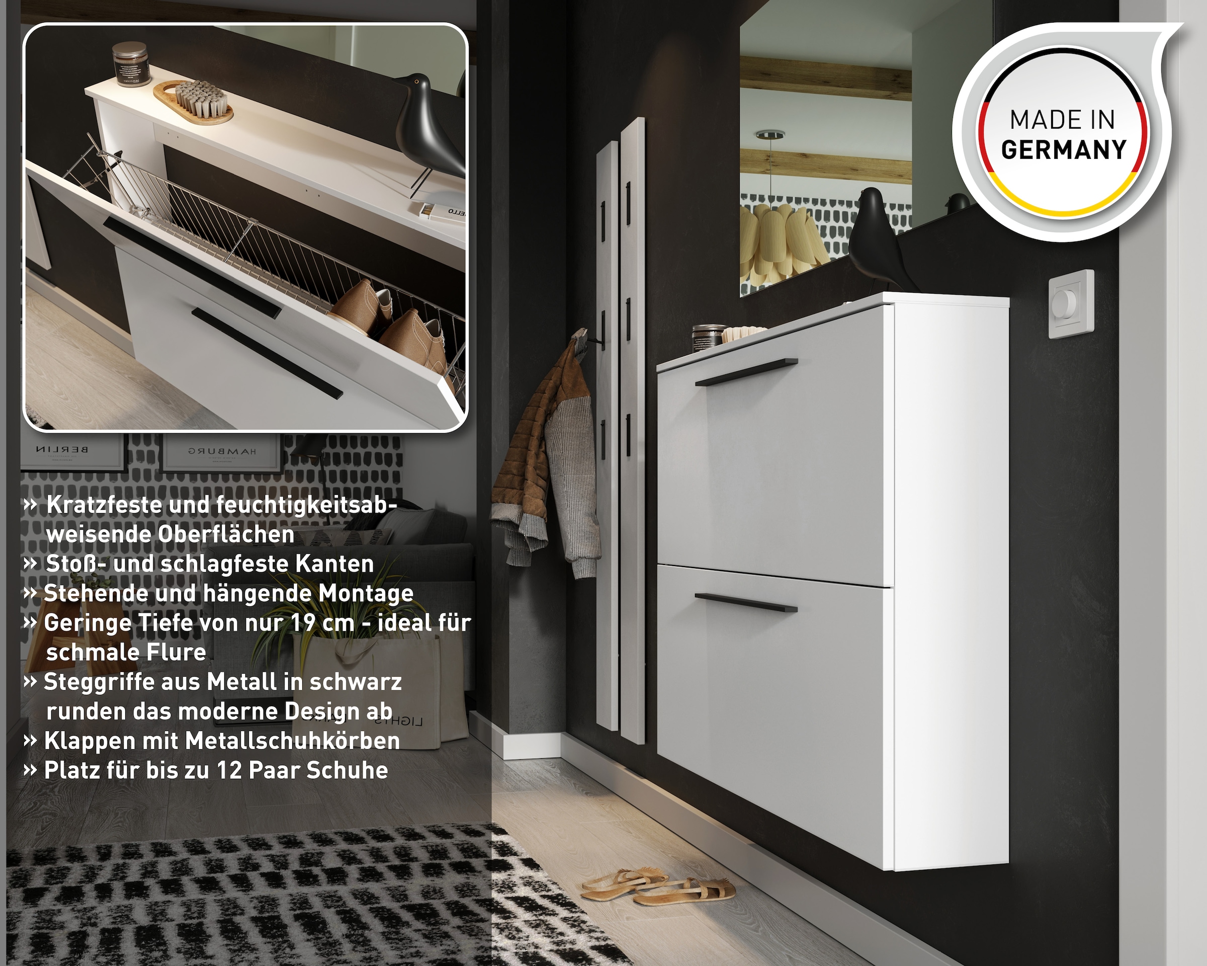 GERMANIA Schuhschrank »GW-Utah Schuhschrank in 2 Breiten, mit 2 oder 3 Klappen,« stehend und hängend montierbar