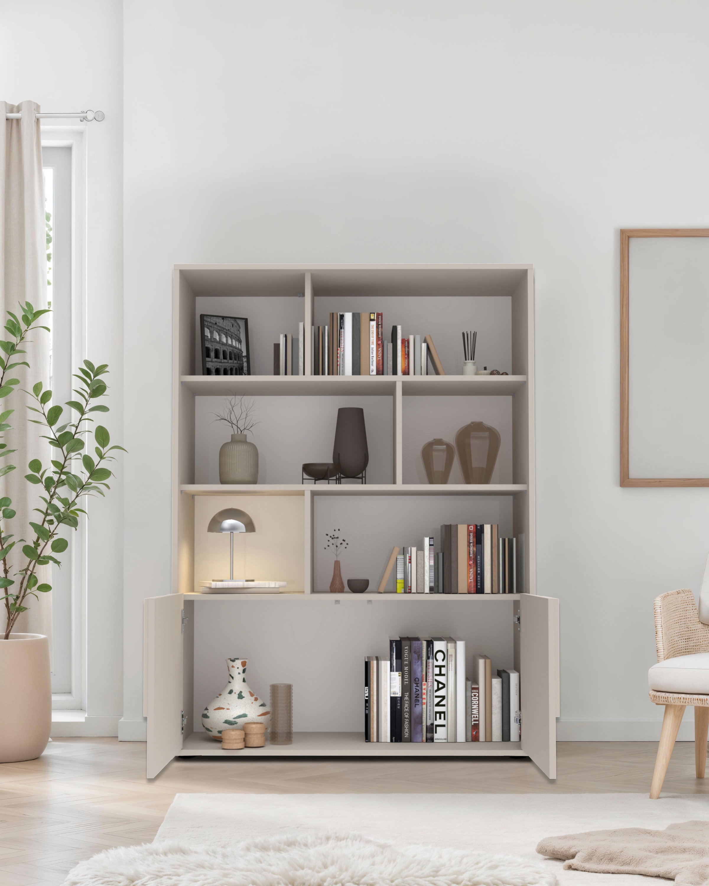 INOSIGN Highboard »Stone, H 155/141, B 105 cm, 2 Türen, 6 offene Fächer, Regal-Schrank« 3D-Design, Push-to-open, Stauraum dekorativ & praktisch, Füsse wählbar