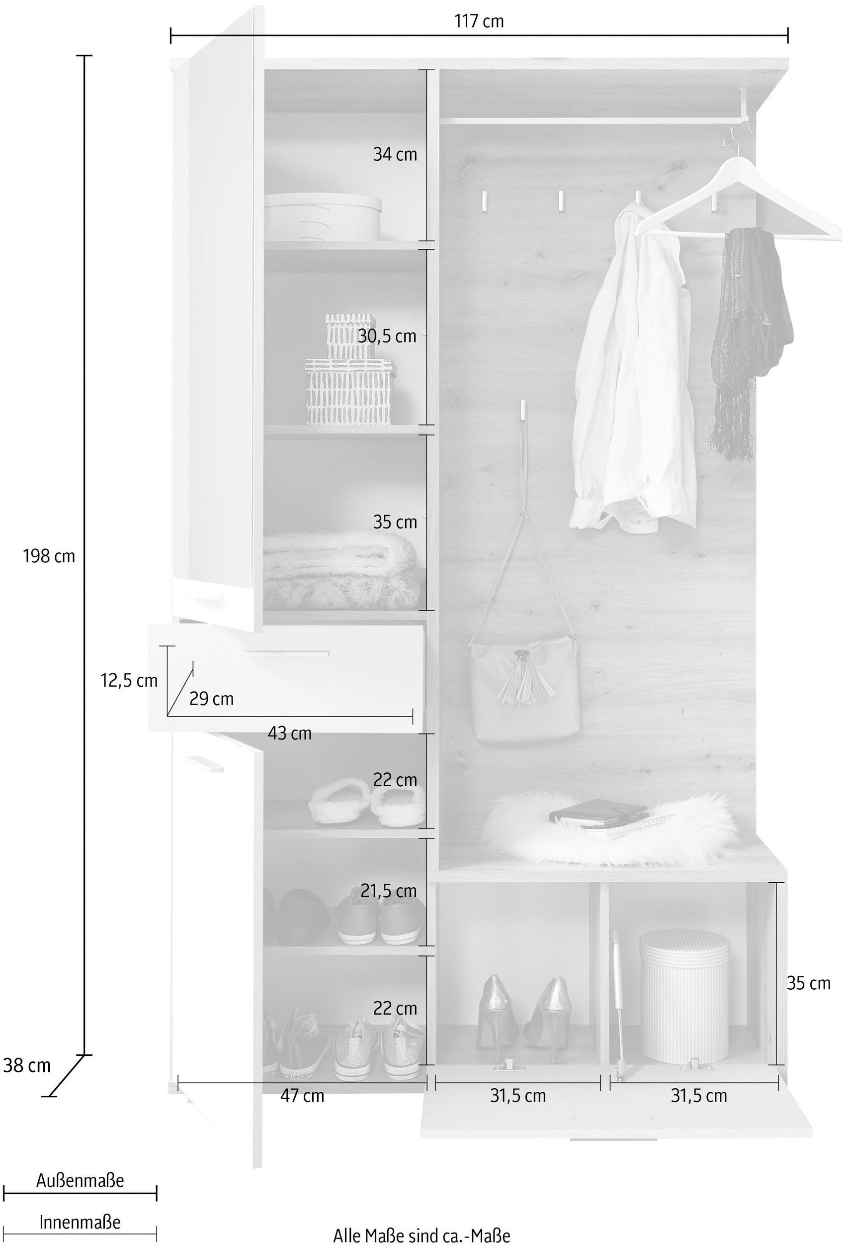 HBZ Kompaktgarderobe »Entra Garderobe, BxHxT 117x198x38 cm« 3 Stk. tlg. mit Spiegel und Schubkasten