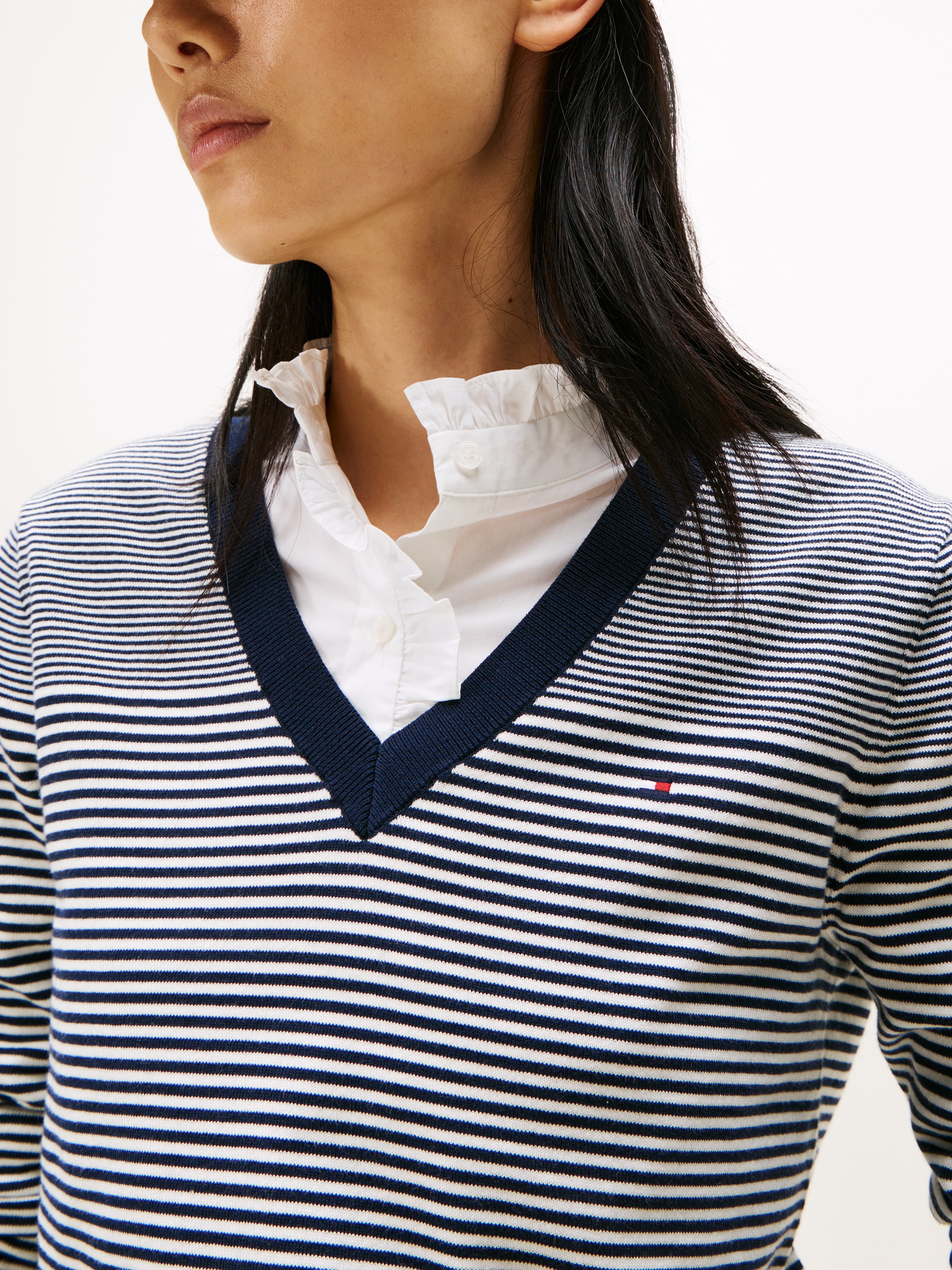 Tommy Hilfiger Pull col V »CO JERSEY STITCH V-NK SWEATER mit V-Ausschnitt und Ripp« Baumwollmischung