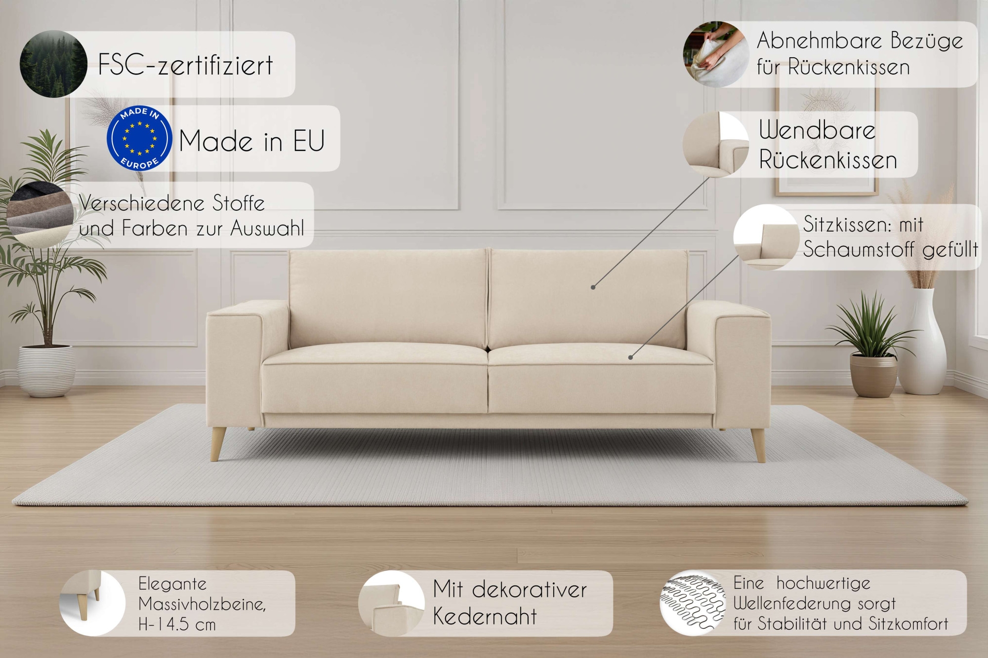 GOODproduct 3-Sitzer »Oland Skandi, weicher Chenille-Stoff« 224 cm, Wellenunterfederung, Skandi-Design, Massivholzfüsse