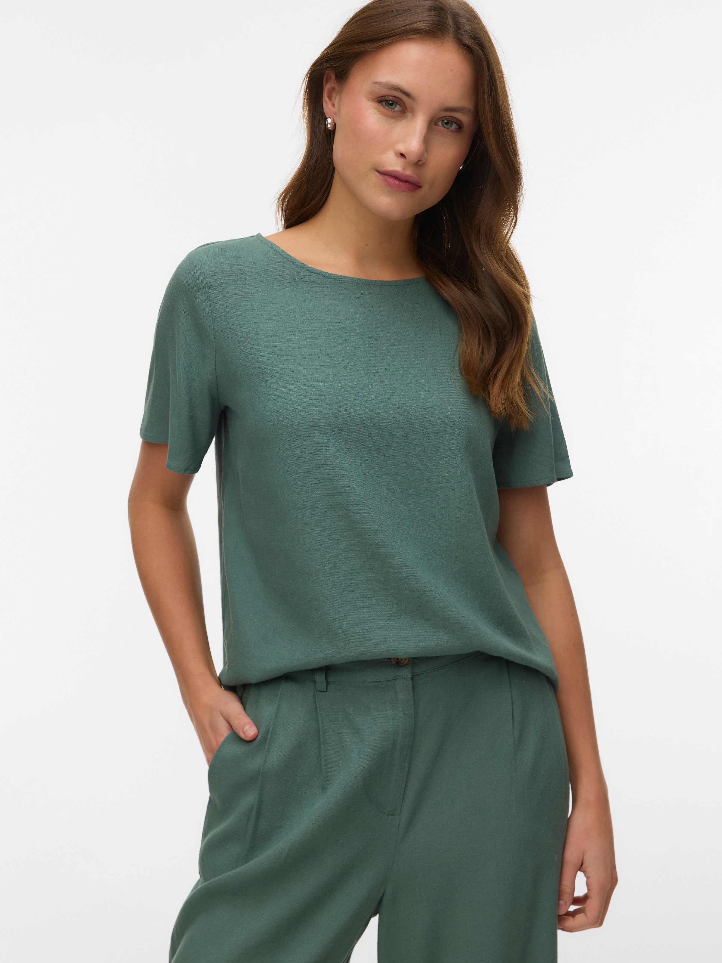 Vero Moda Chemisier »VMMYMILO SS O-NECK TOP WVN GA« mit Leinen