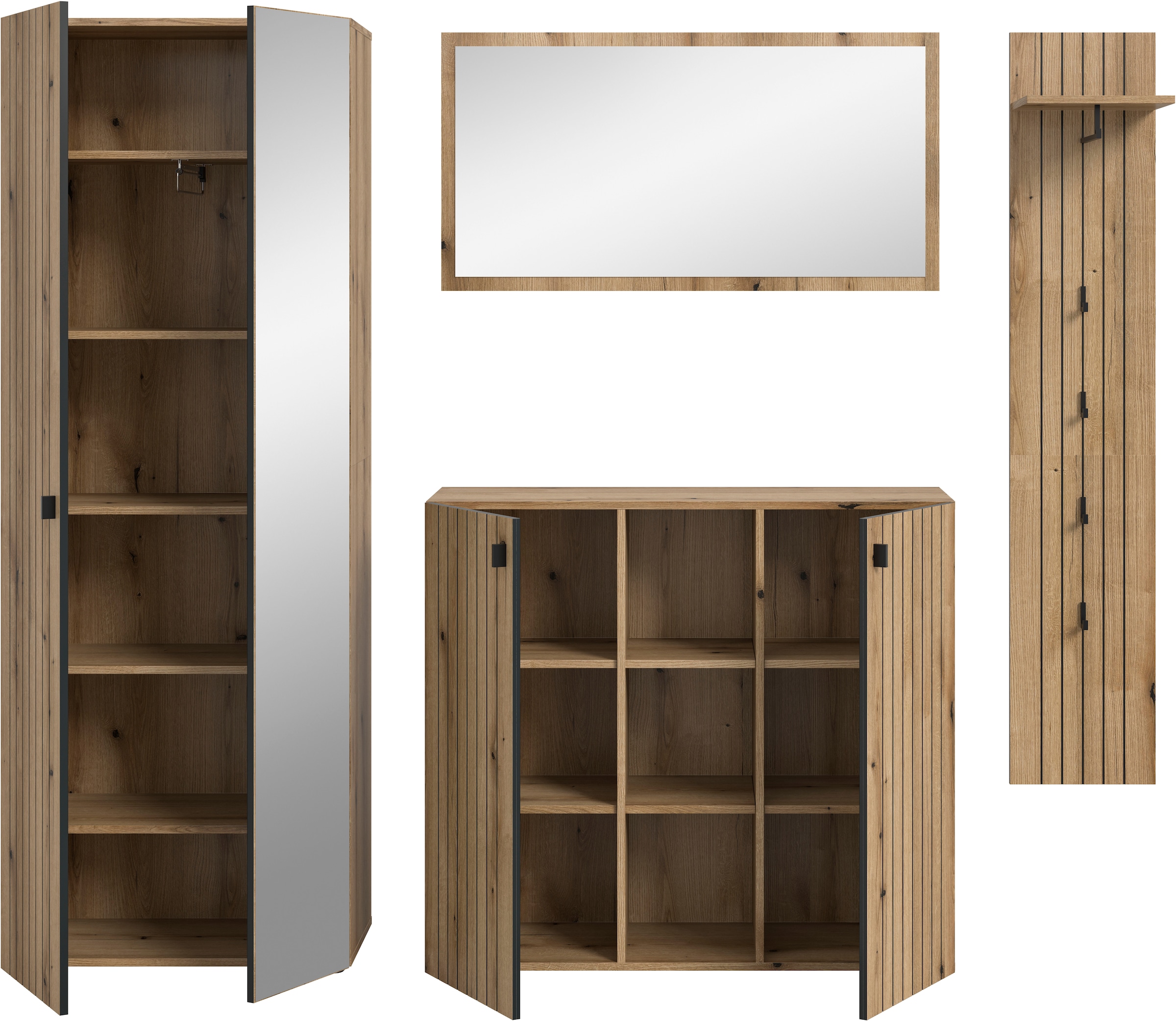 Home affaire Ensemble de vestiaires »TATIO, 4-tlg. Garderobenkombination, Breite: 237 cm, Rillenfräsung« Set, 1 Spiegel, 1 Garderobenschrank, 1 Schuhkommode, 1 Garderobenpaneel, 4 cuis tlg.