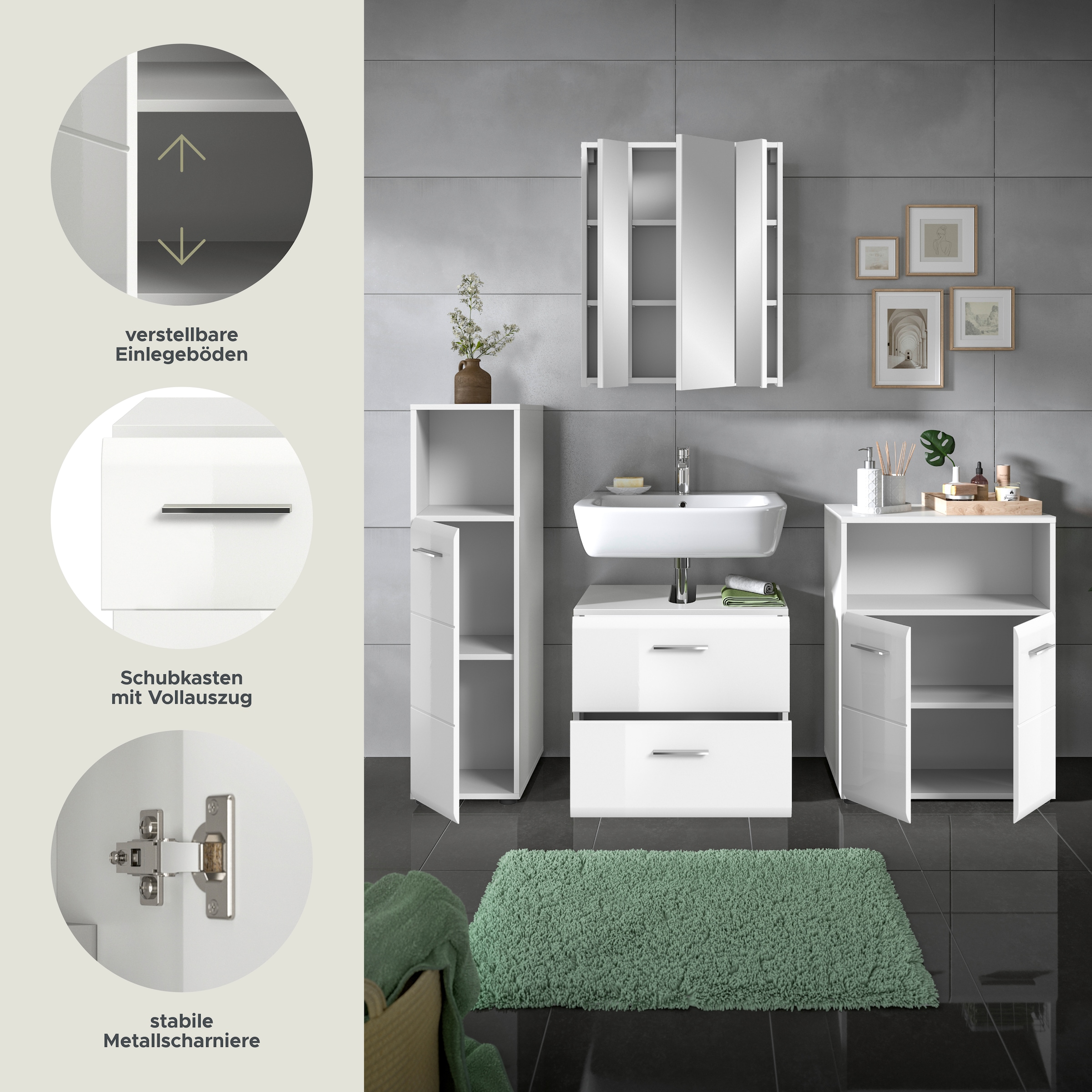 welltime Badmöbel-Set »FLORENZ, TOPSELLER!, 4-teilige Badkombination, hochwertige MDF-Front« Set, Midischrank hoch, WBU, Spiegelschrank, Midischrank breit, 