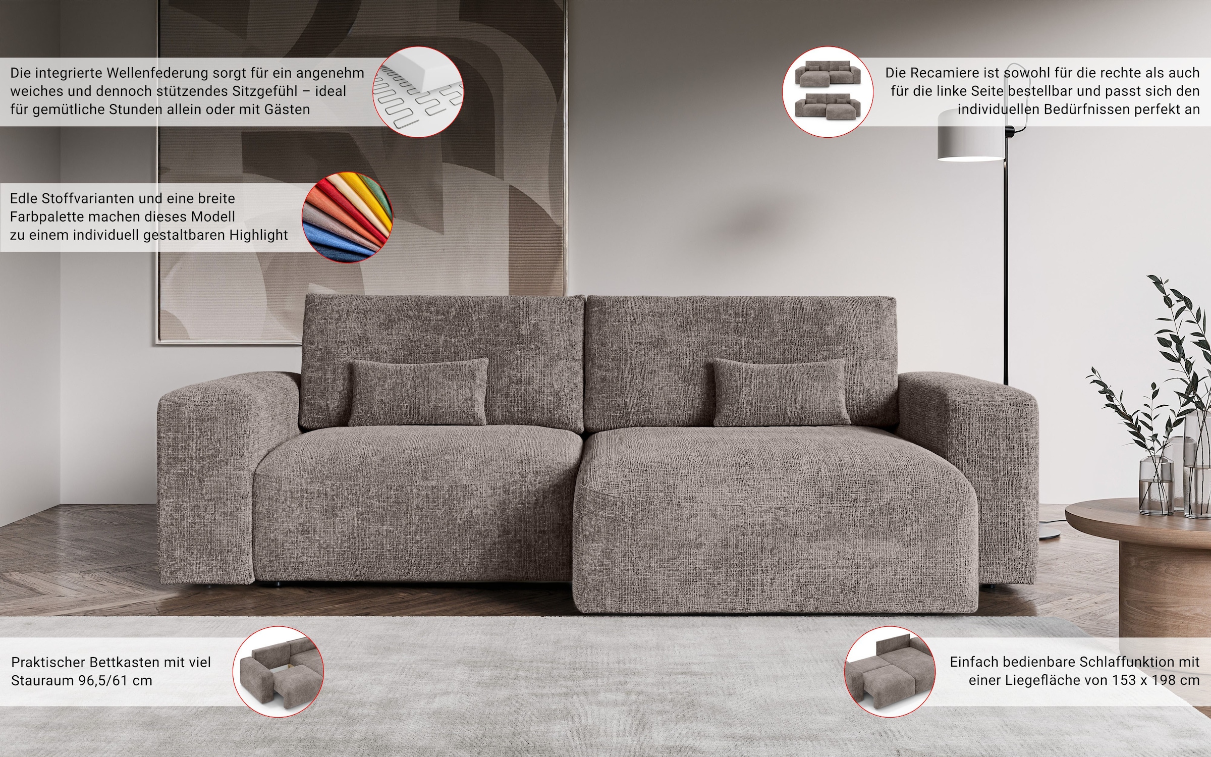 GOODproduct Canapé d'angle »MATTS Schlafsofa mit Bettkasten, Masse B/T/H: 265/159/89 cm« L-Form mit Recamiere rechts oder links, hoher Sitzkomfort