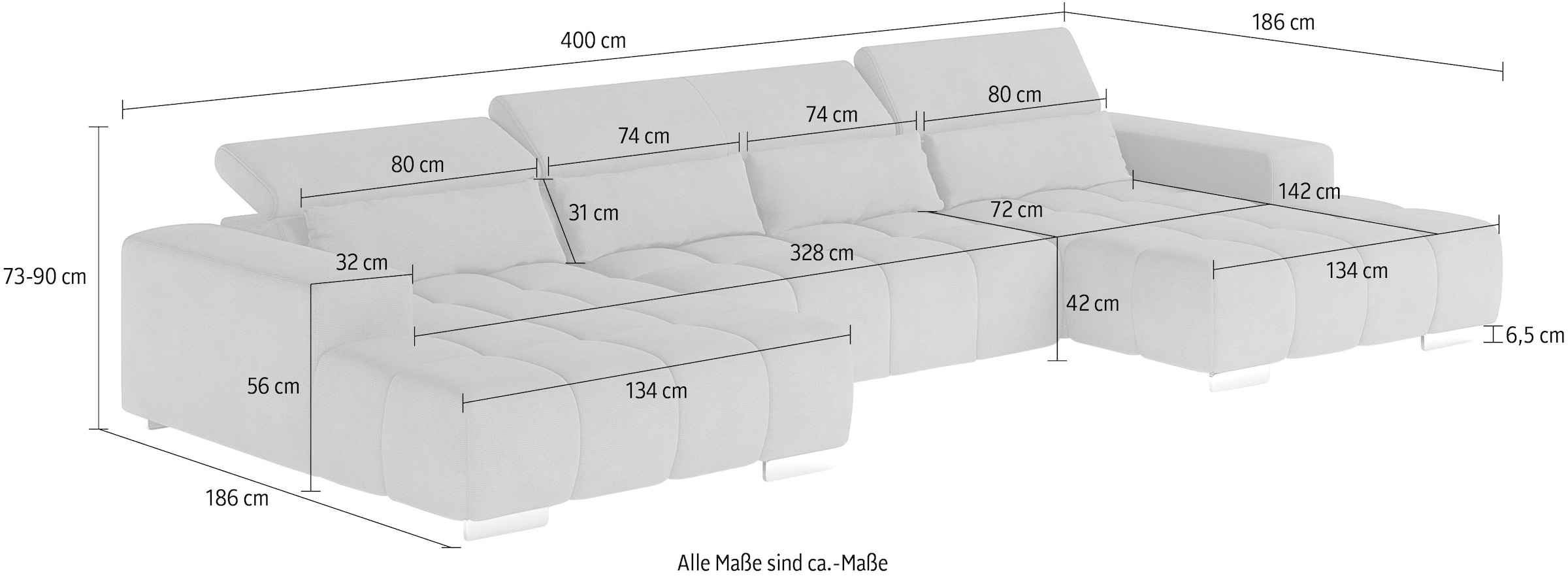 COTTA Paysage de salon »Orion U-Form, B: 400 cm« Kopfteilverstellung & 4 Kissen, optional elektr. Sitztiefenverstellung