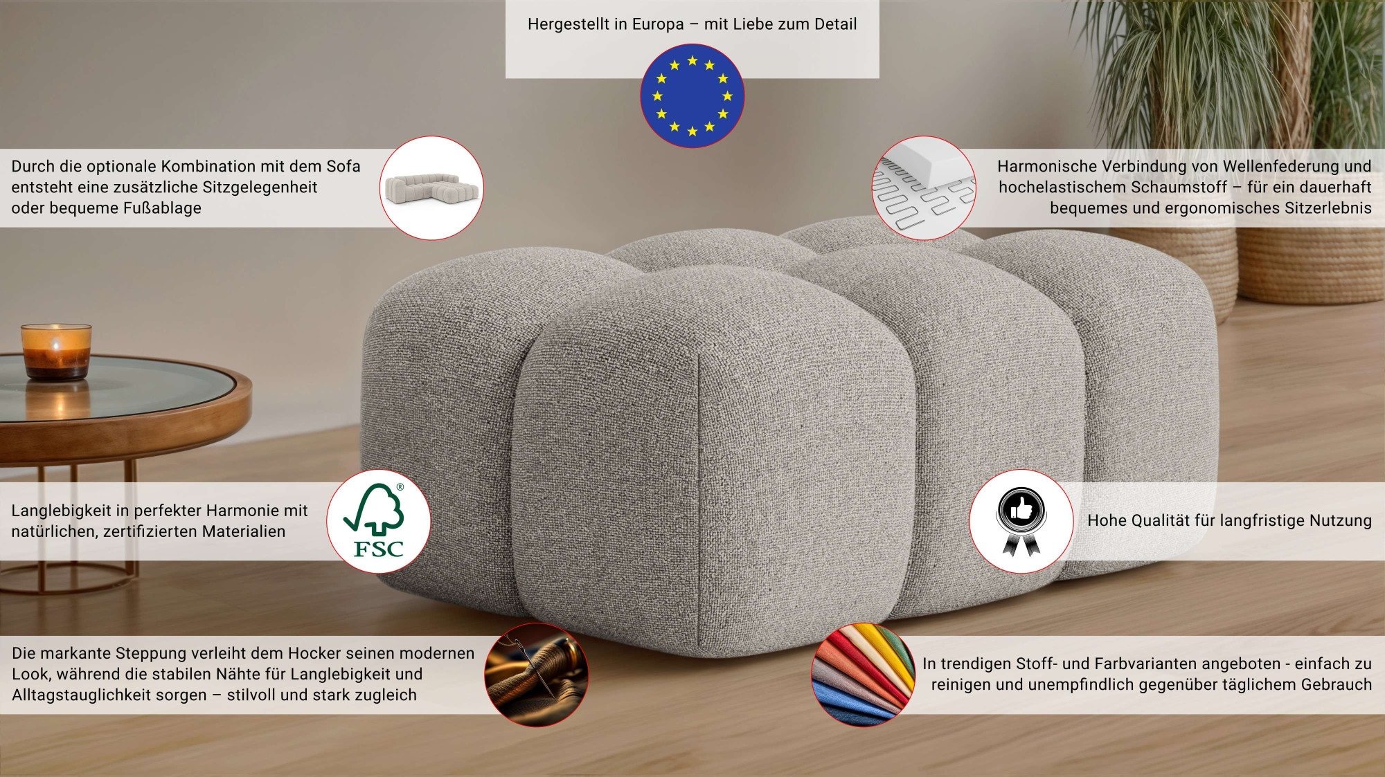 GOODproduct Polsterhocker »KALLIE Sitzhocker, Bubble-Optik, Masse B/T/H: 90/60/44 cm« moderne Steppung, hoher Sitzkomfort und modernes Design