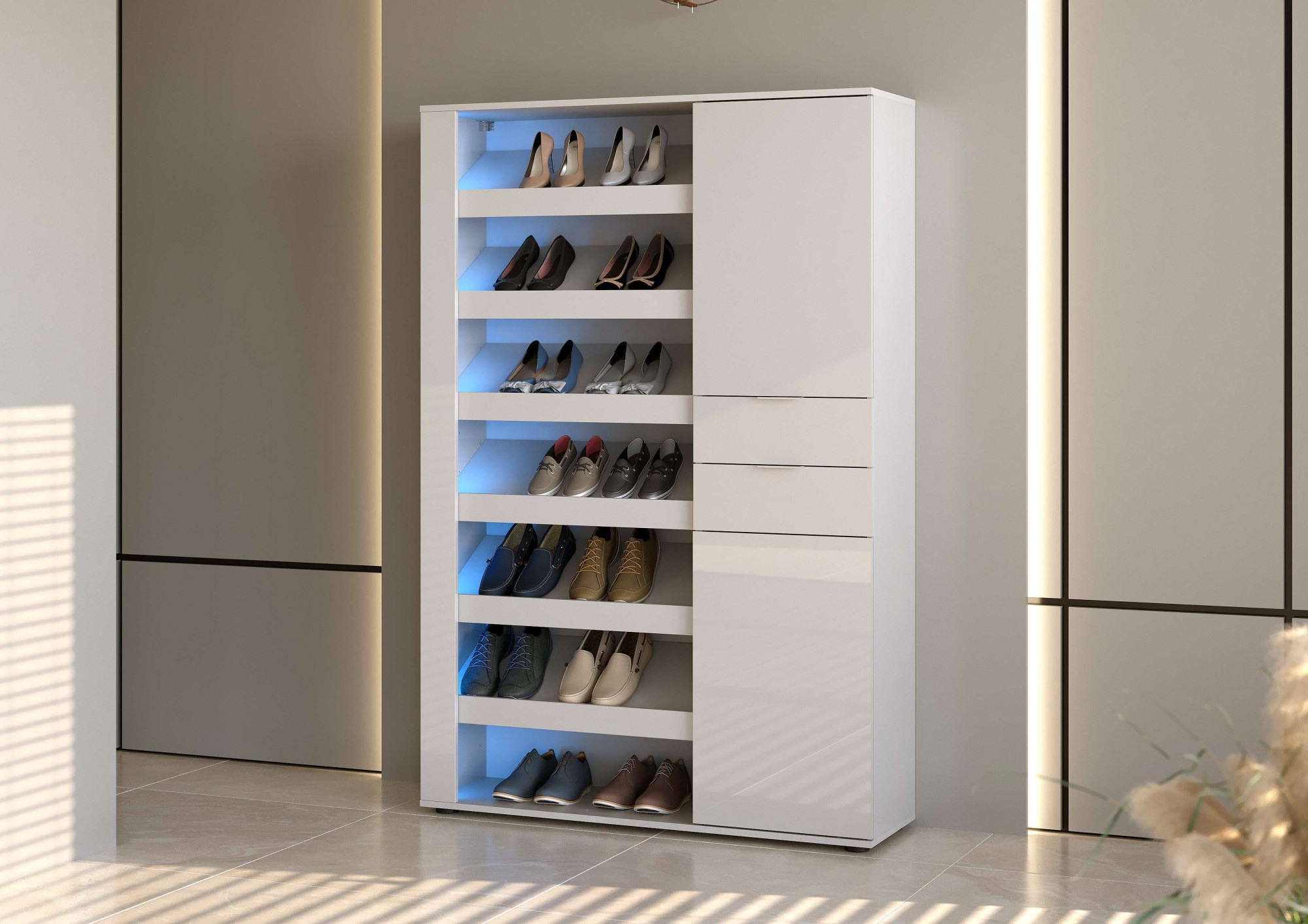 Home affaire Schuhschrank »BOOST, Schuhschrank,Schuhregal, Breite 120 cm, LED optional bestellbar« 1 Stk. tlg. Hochglanz lackiert mit 7 offenen Fächern, 2 Türen und 2 Schubkästen