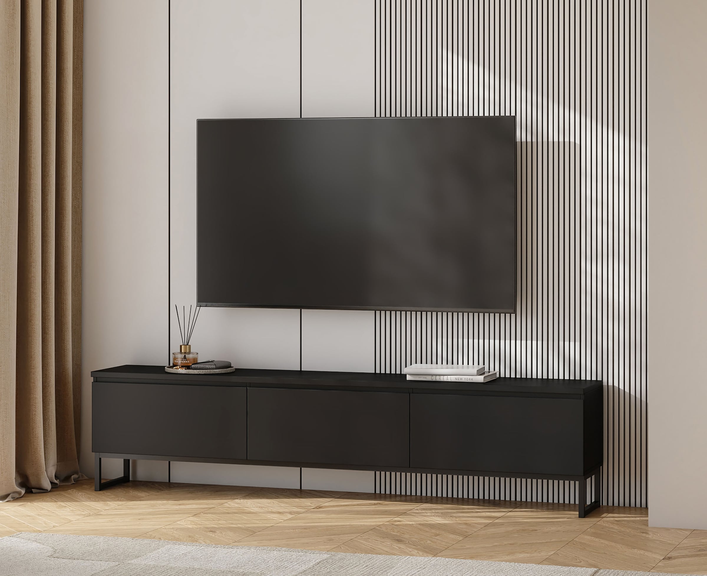 GOODproduct Lowboard »Modo II, Breite 200 cm, modernes griffloses Lowboard 3 Klappen« TV-Kommode mit viel Stauraum, Metallkufen