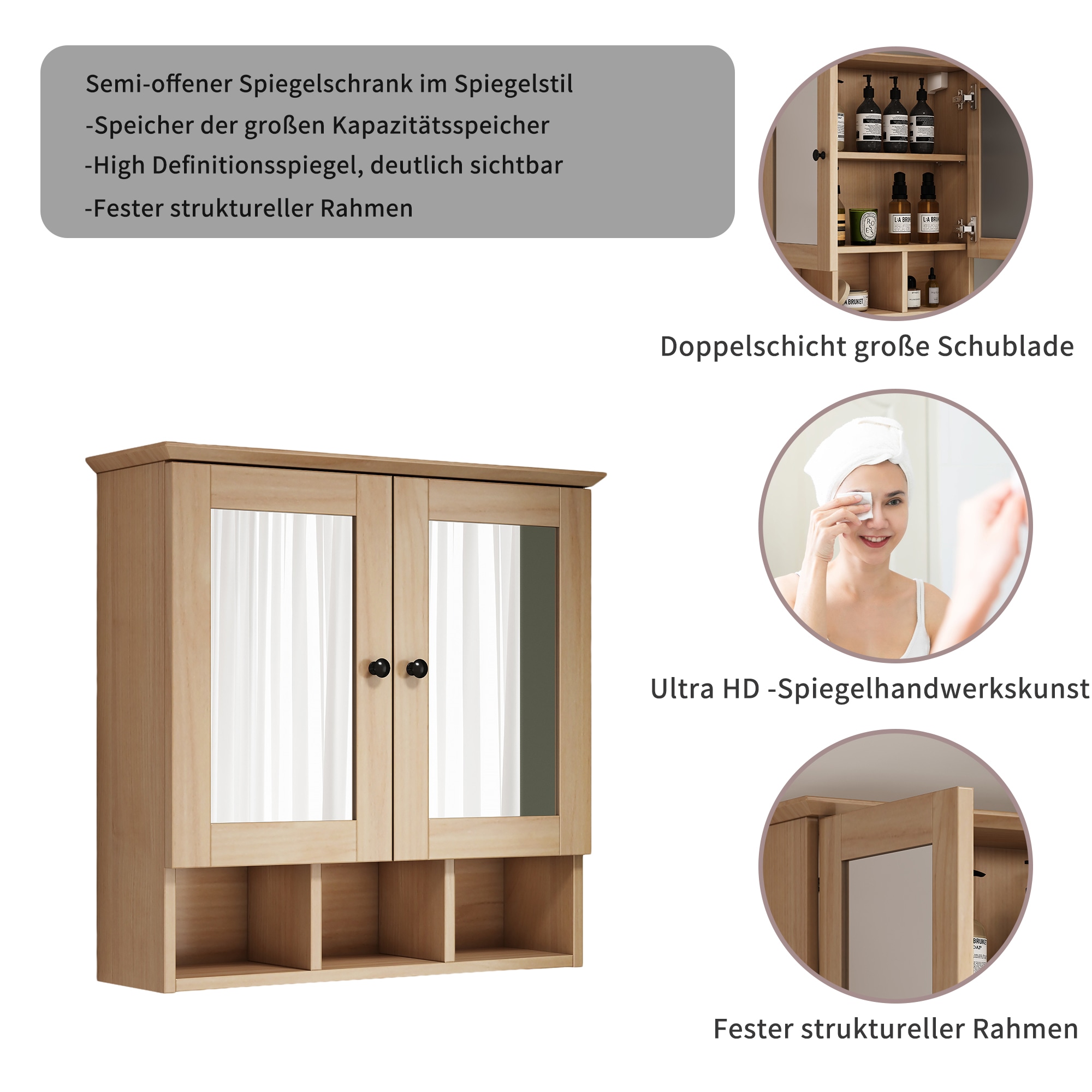 welltime Spiegelschrank »STOCKHOLM« mit 2 Spiegeltüren, offenen Fächern und verstellbaren Einlegeböden