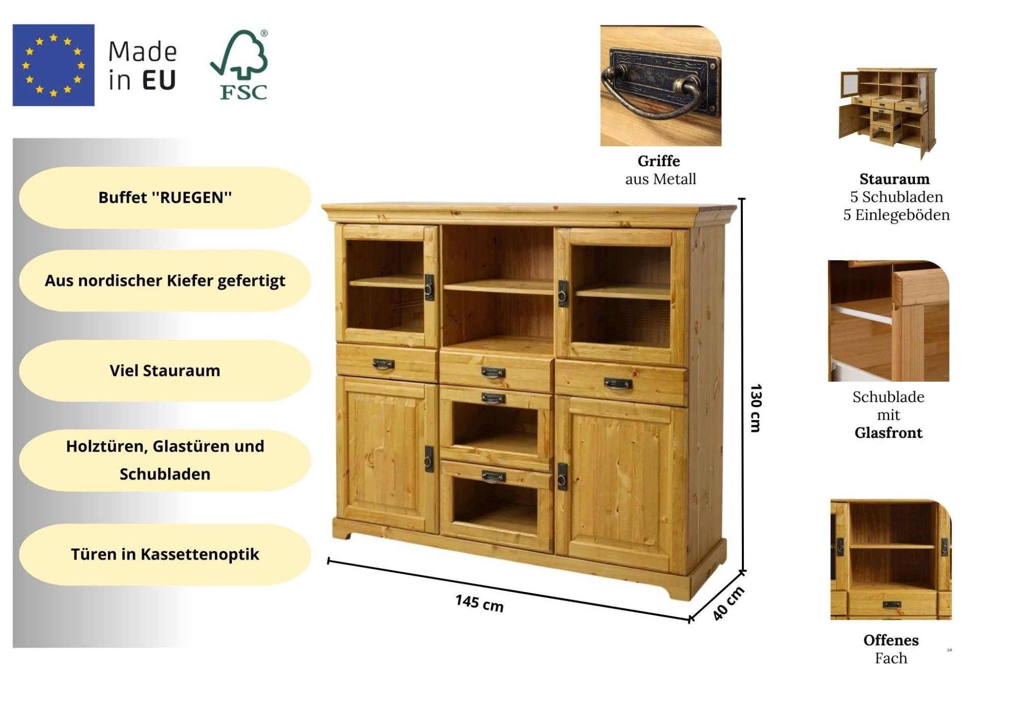 GOODproduct Sideboard »Rügen« aus massiver Kiefer, Breite 145 cm, made in EU