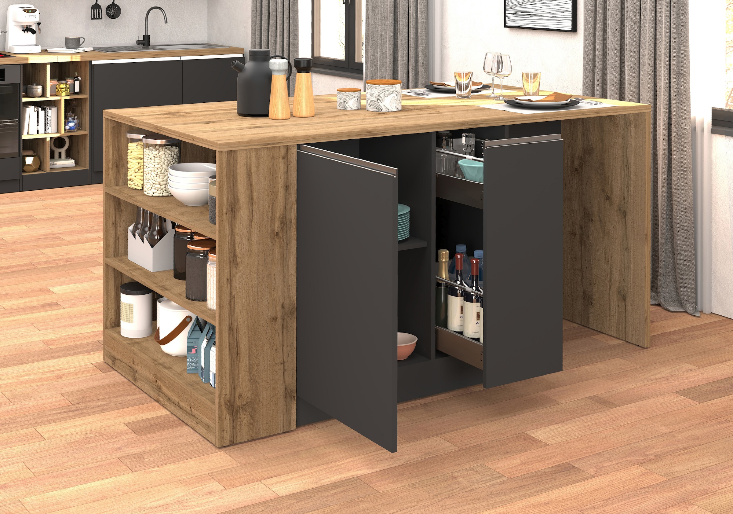 KOCHSTATION Ilot de cuisine »KS-Sole, Kochinsel, Küchenarbeitsblock, Arbeitsinsel, Made in Italy« Breite 167,5 cm, 2 Apothekerauszüge, 2 Essplätze, 1 offenes Regal