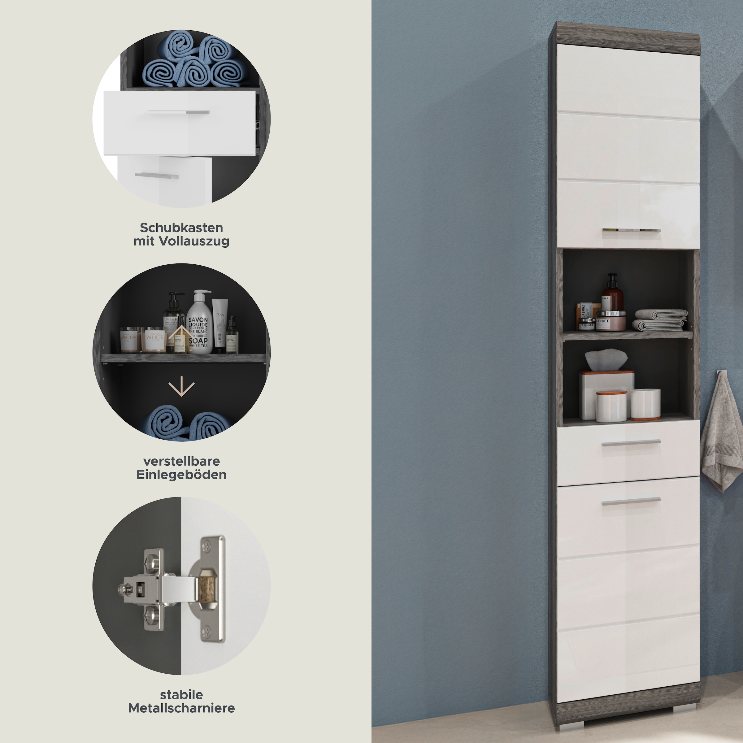 welltime Hochschrank »SIENA, Breite 37cm, 2 Tür, 1 Schubkasten, 2 offene Fächer, MDF-Front« TOPSELLER!, 1 Stk. tlg. in verschiedenen Farben erhältlich, Badmöbel, Badschrank, Schrank, Bad