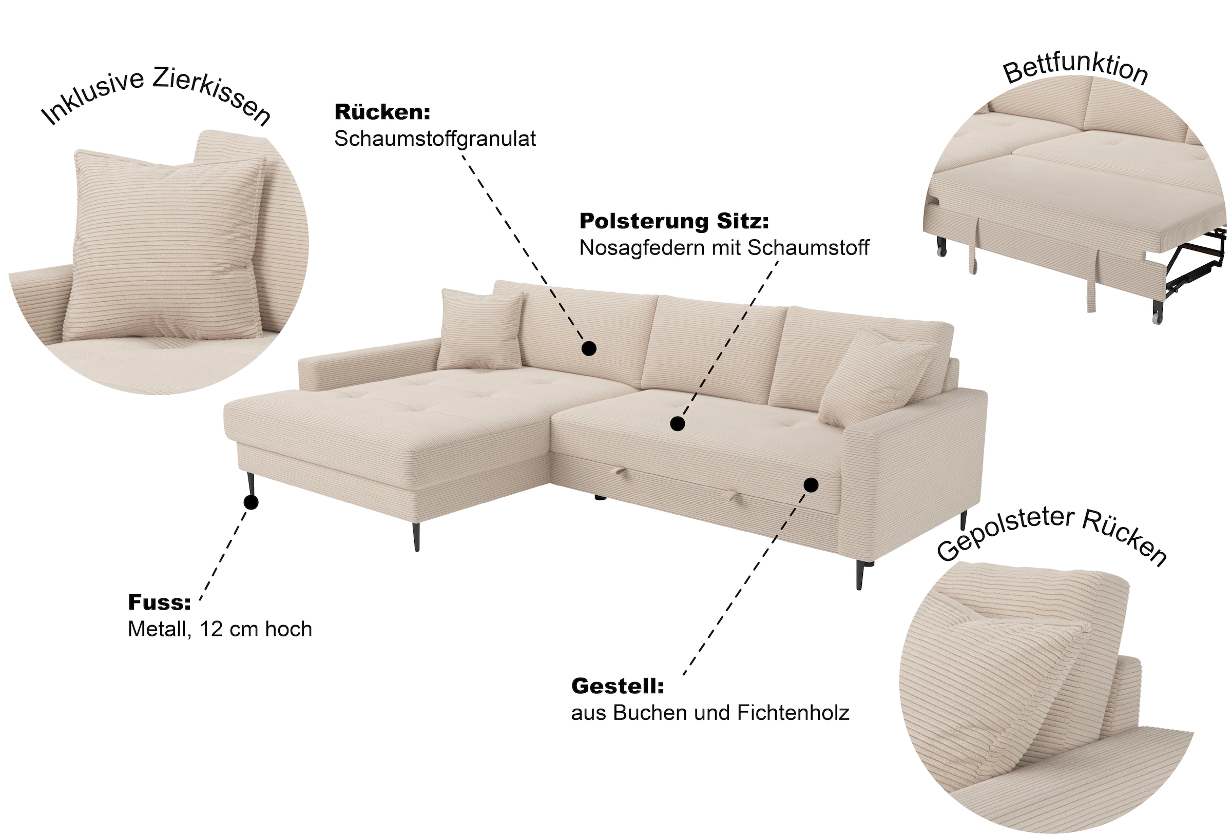 Trends by HG Ecksofa »Summer L-Form, B: 284 cm, Schlaffunktion, 2 Zierkissen« optional mit Kopfstützen, Wellenfederung, frei stellbar
