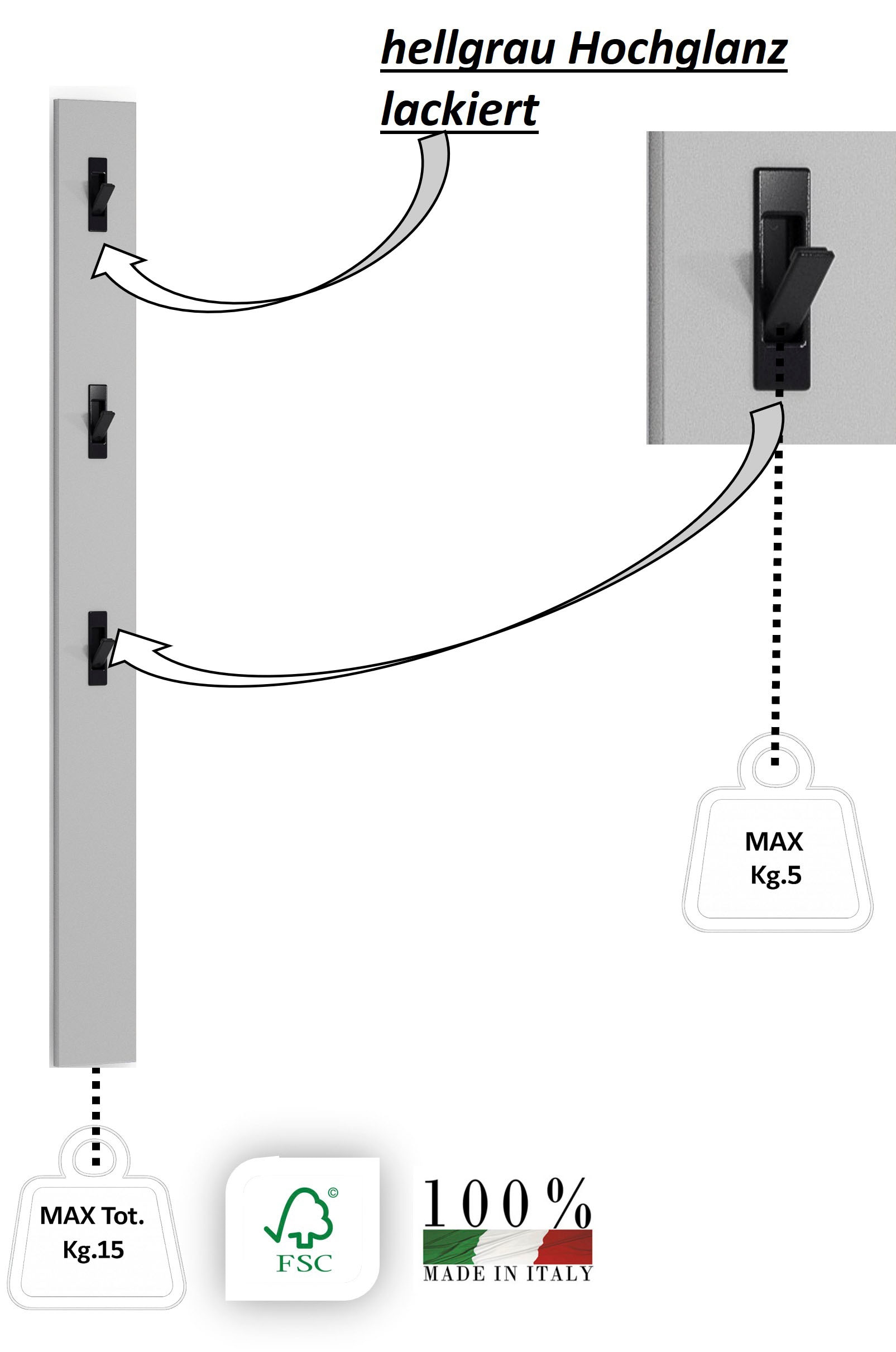 Home affaire Panneau de vestiaire »SPACE, Garderobenleiste, Wanpaneel, Wandgarderobe, Garderobenleiste« 1 cuis tlg. mit 3 Klapphaken, Hochglanz lackiert, 15x2x170 cm