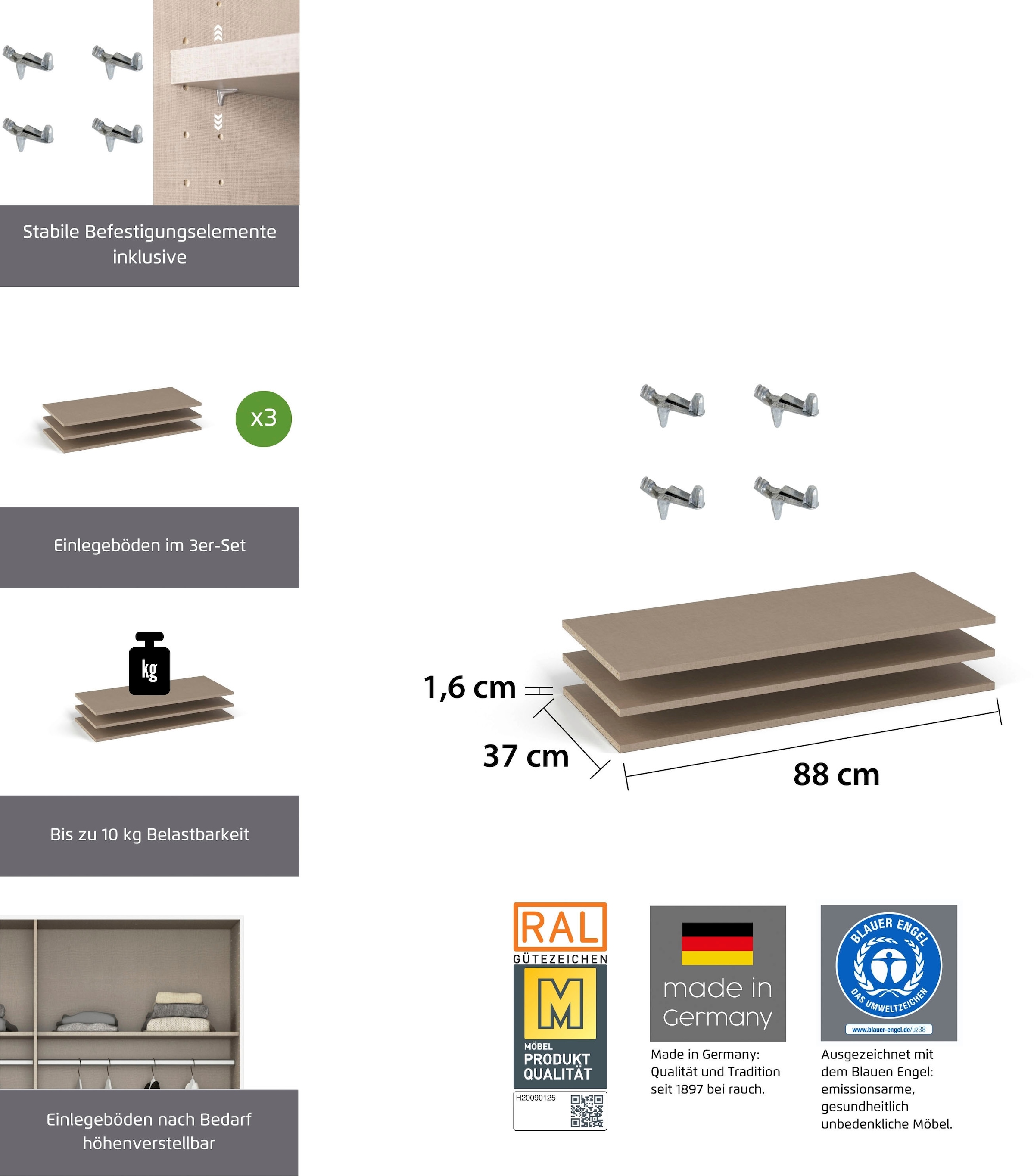 rauch Tablette de rangement »Zubehör für Schränke der Serie MINOSA Schranktiefe 41 bzw. 48 cm« lot de 2, largeur 88 cm, profondeur 37 cm