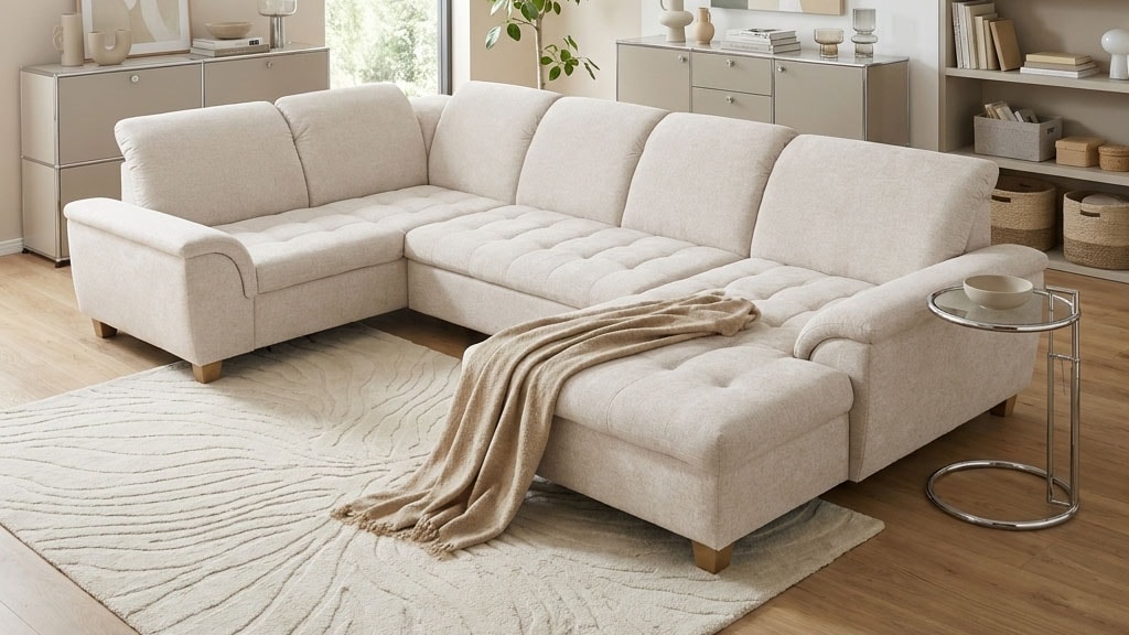 GOODproduct Wohnlandschaft »Egedal 344 x 214 cm, auch mit Schlaffunktion & Bettkasten, Holzfüsse« U-Form, aus pflegeleichtem Lu x us-Microfaser