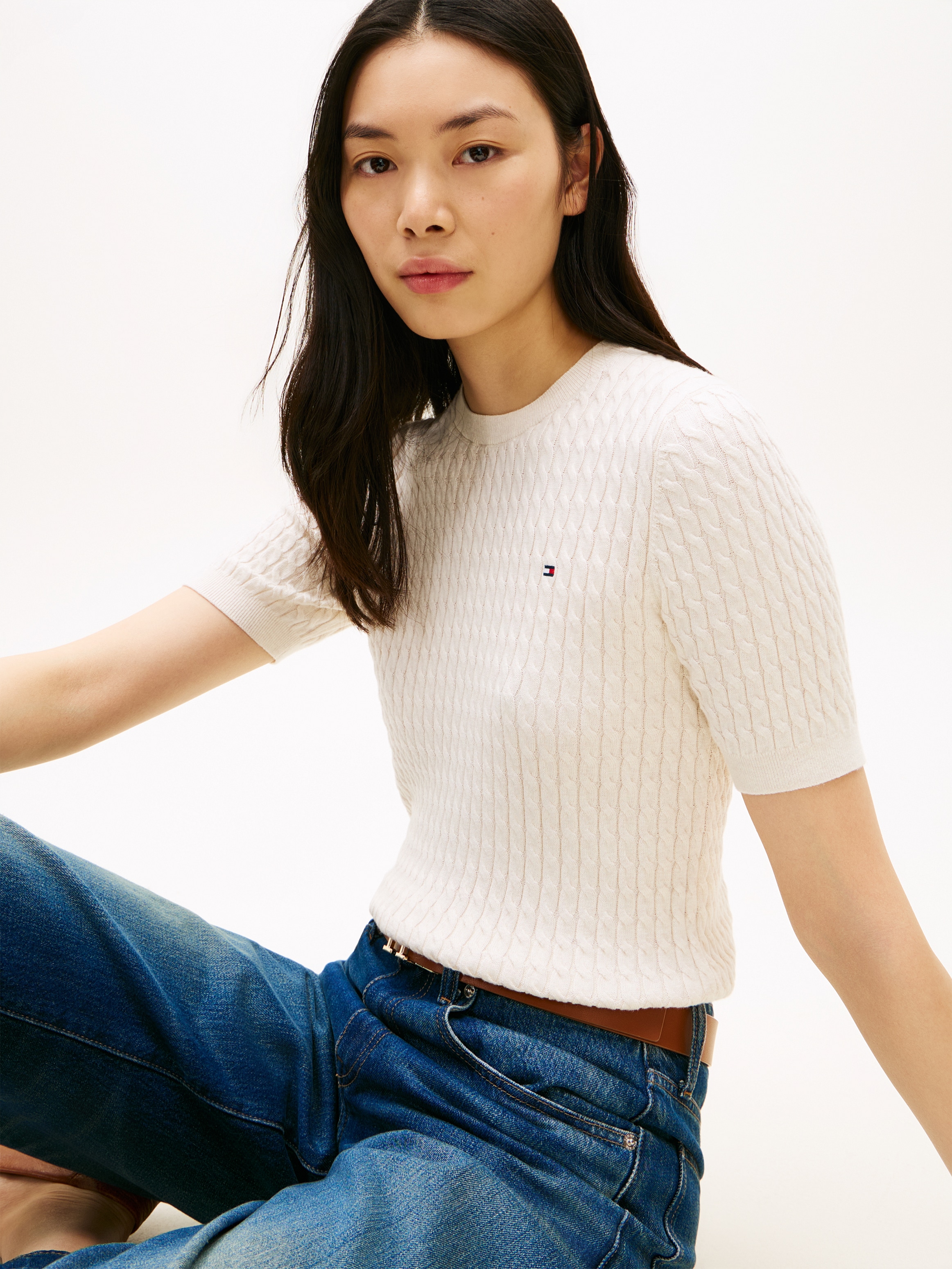 Tommy Hilfiger Pull à manches courtes »CO CABLE RWB C-NK SS SWT« Baumwolle, mit Zopfmuster