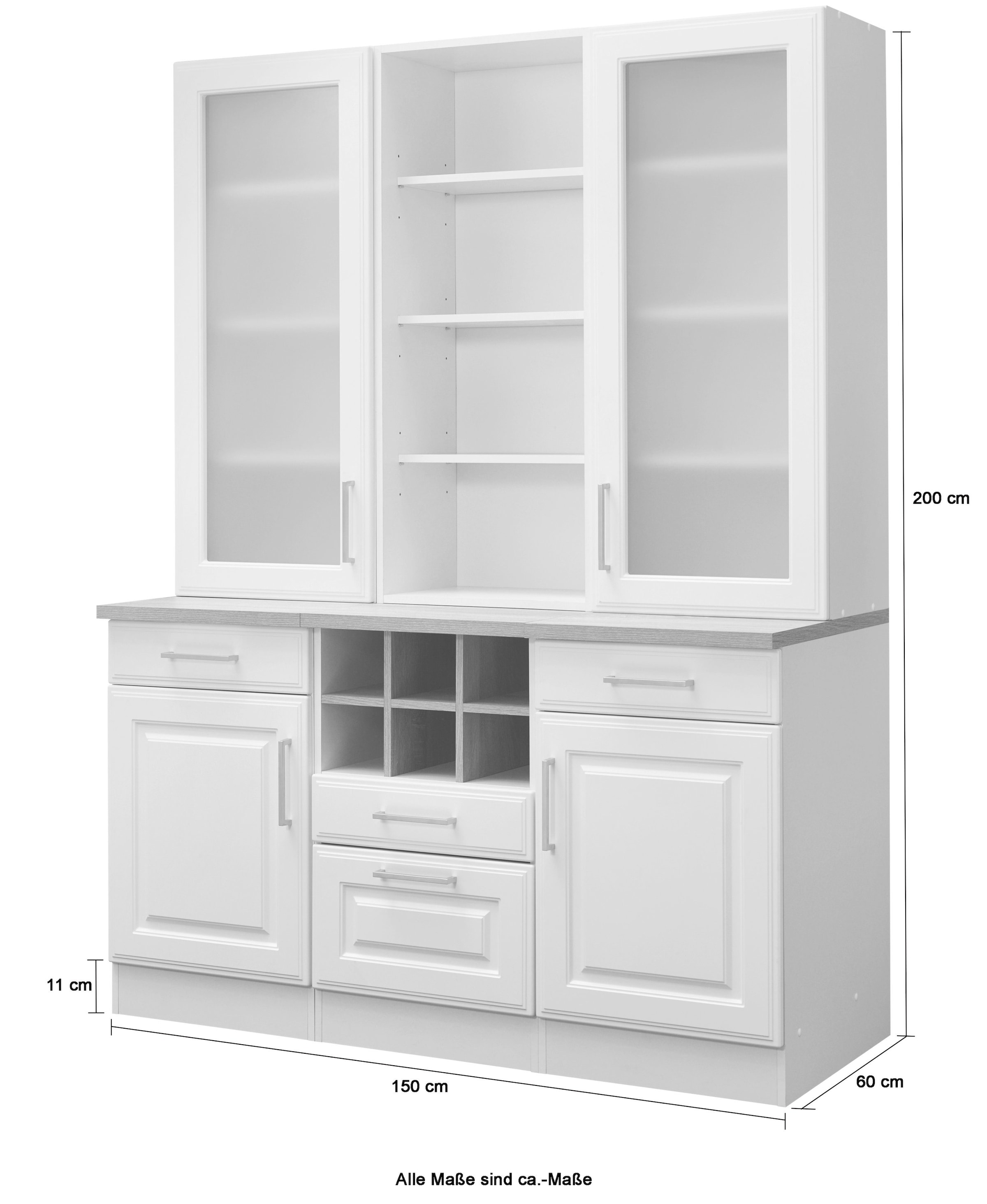 KOCHSTATION Küchenbuffet »KS-Stockholm« hochwertige MDF-Fronten, 2 Glasrahmentüren, 200 cm hoch, viel Stauraum
