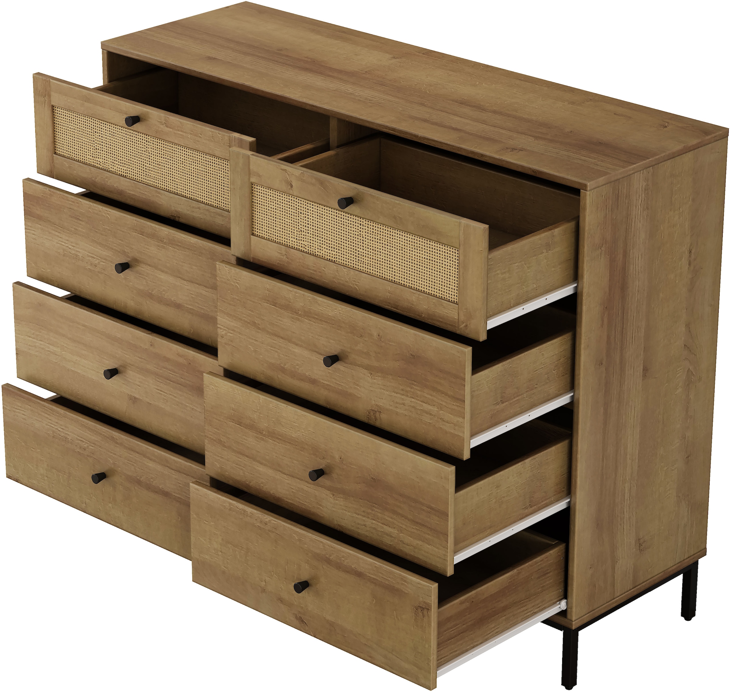 GOODproduct Kombikommode »Motala Wäsche Schrank mit 8 Schubladen Sideboard BOHO Design« Eichen-Design mit schwarzen Griffen und Geflecht Schubladen, 