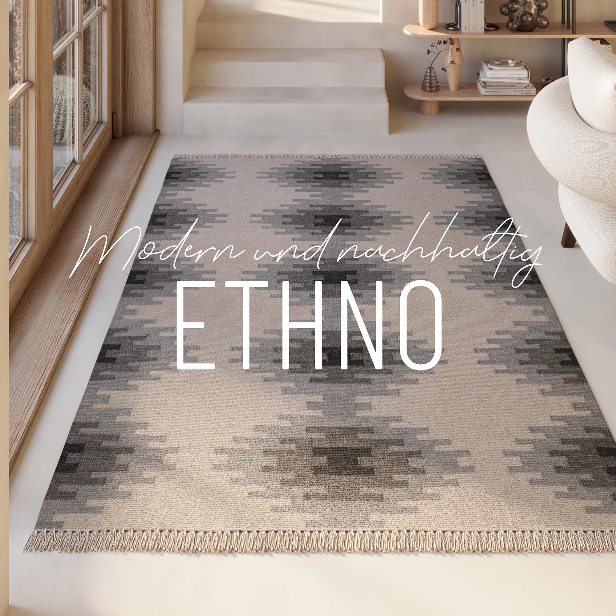 Green Looop Tapis en laine »Belle« Rectangulaire 5 mm Höhe Fransen, Kelim, handgewebt, Natur, Wohnzimmer, Schlafzimmer, Raute