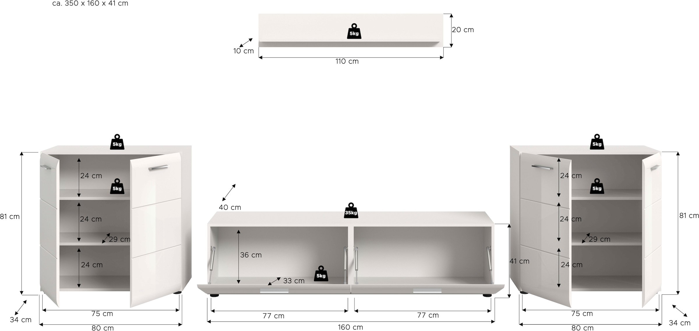 Home affaire Meuble mural »FLORENZ, 4-teilige Wohn-Kombination, hochwertige MDF-Front« Set, Set, best. aus: 2 Kommoden, 1 Lowboard, 1 Wandboard, 4 cuis tlg.