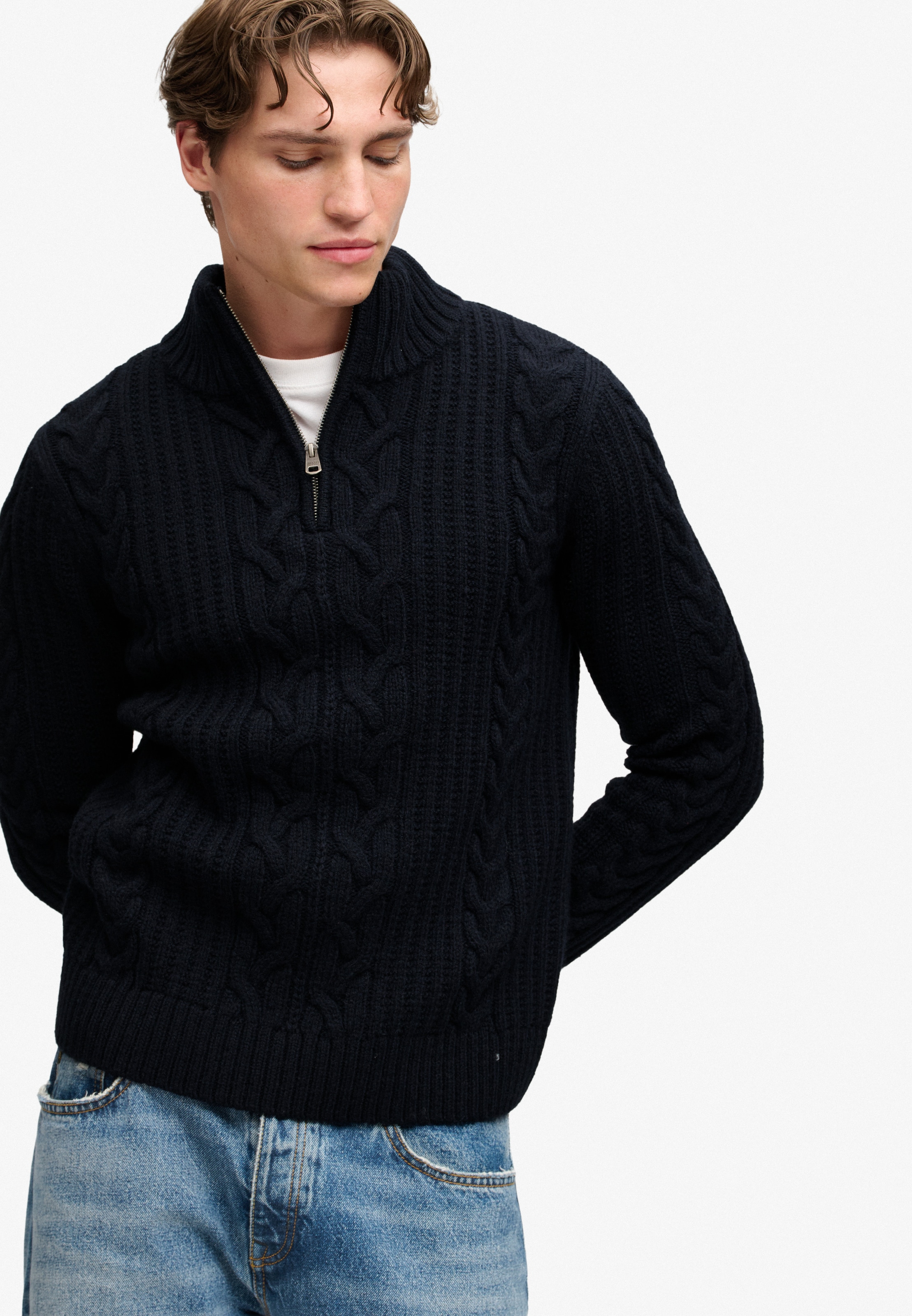 Superdry Strickpullover »JACOB CABLE HALF ZIP KNIT« Materialmix, slim fit