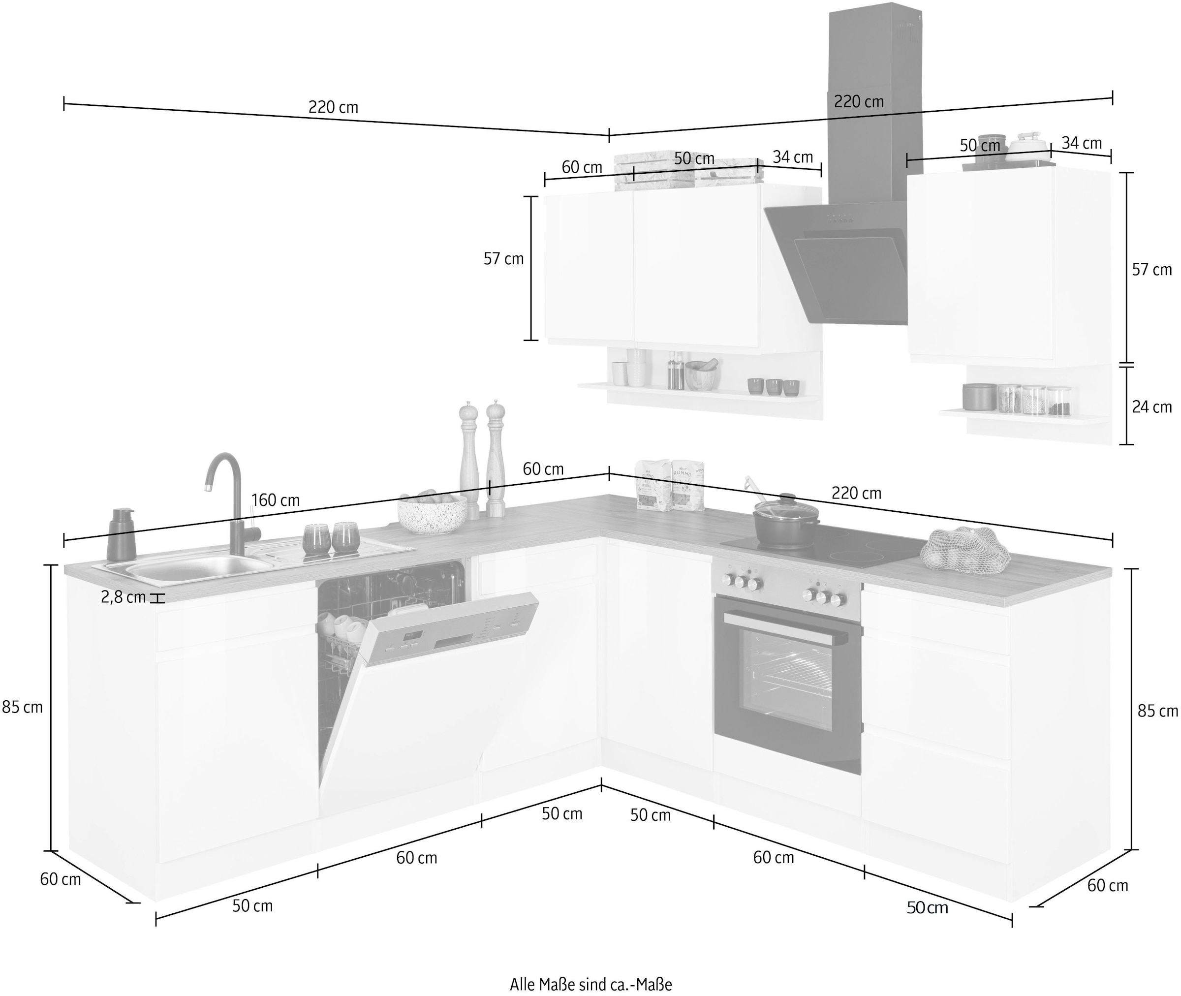 KOCHSTATION Winkelküche »KS-Virginia,neu in verbesserter Ausführung« Stellbreite 220/220 cm, Soft-Close,wahlweise mit E-Geräten