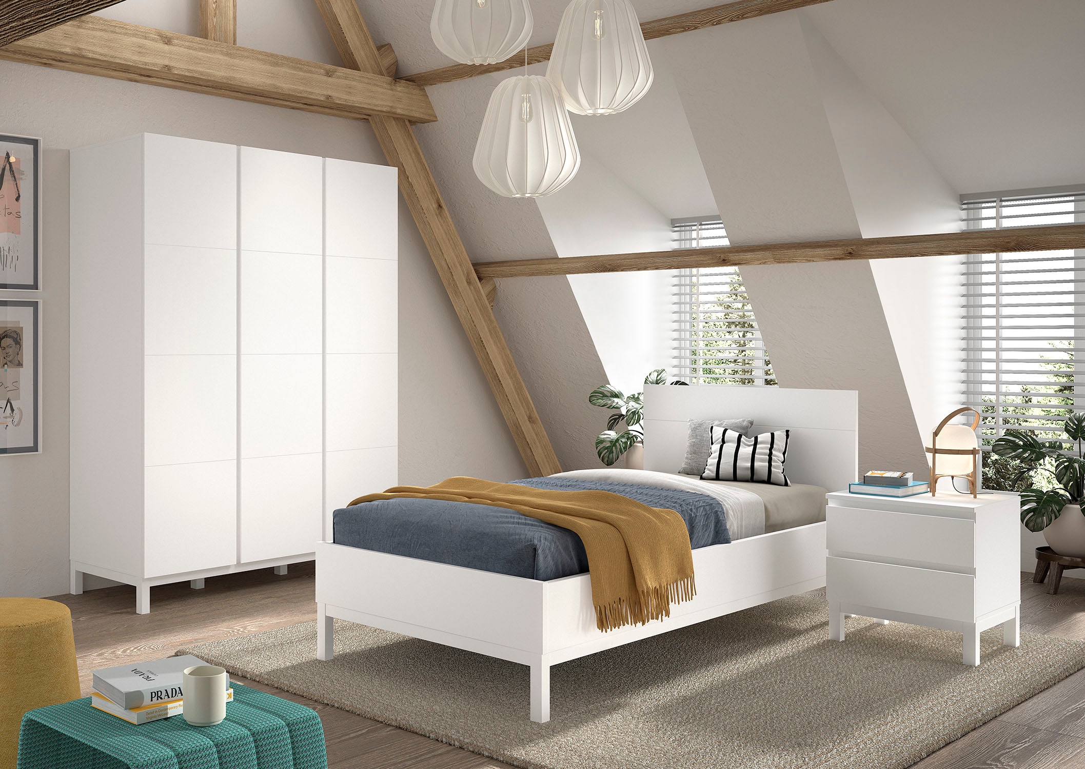 Vipack Set de chambre d'adolescent »Set best. aus Einzelbett 90/200, Nachtkonsole, Kleiderschrank 3-trg.« 3 cuis tlg. au design épuré, surface laquée facile d'entretien en blanc