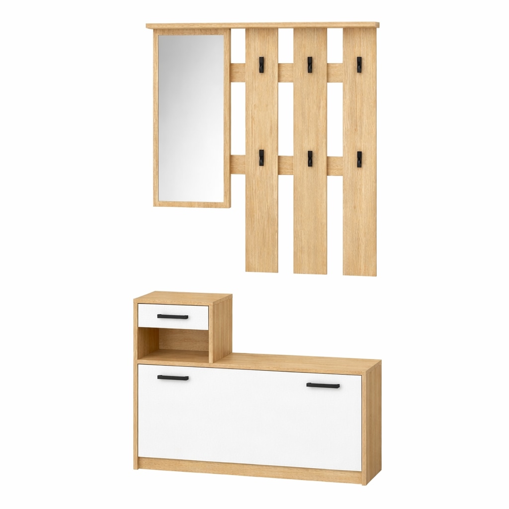 GOODproduct Garderoben-Set »Luna Kommode mit 1 Klappe + 1 Schubkasten, Paneel mit Spiegel 6 Haken« 2 Stk. tlg.