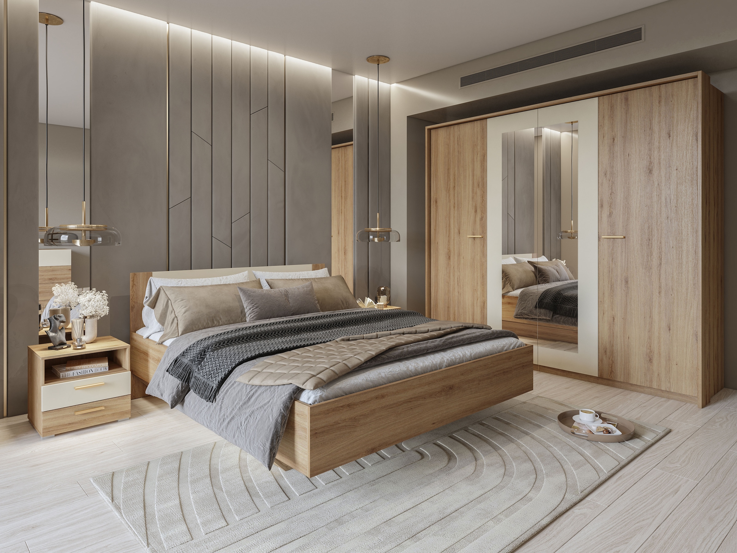 Home affaire Ensemble de chambre à coucher »Bitry,Set 4-St(Bett 180 cm, 2xNako, Drehtürenschrank)« Komplettschlafzimmer, viel Stauraum, fühlbare Struktur, Holzoptik