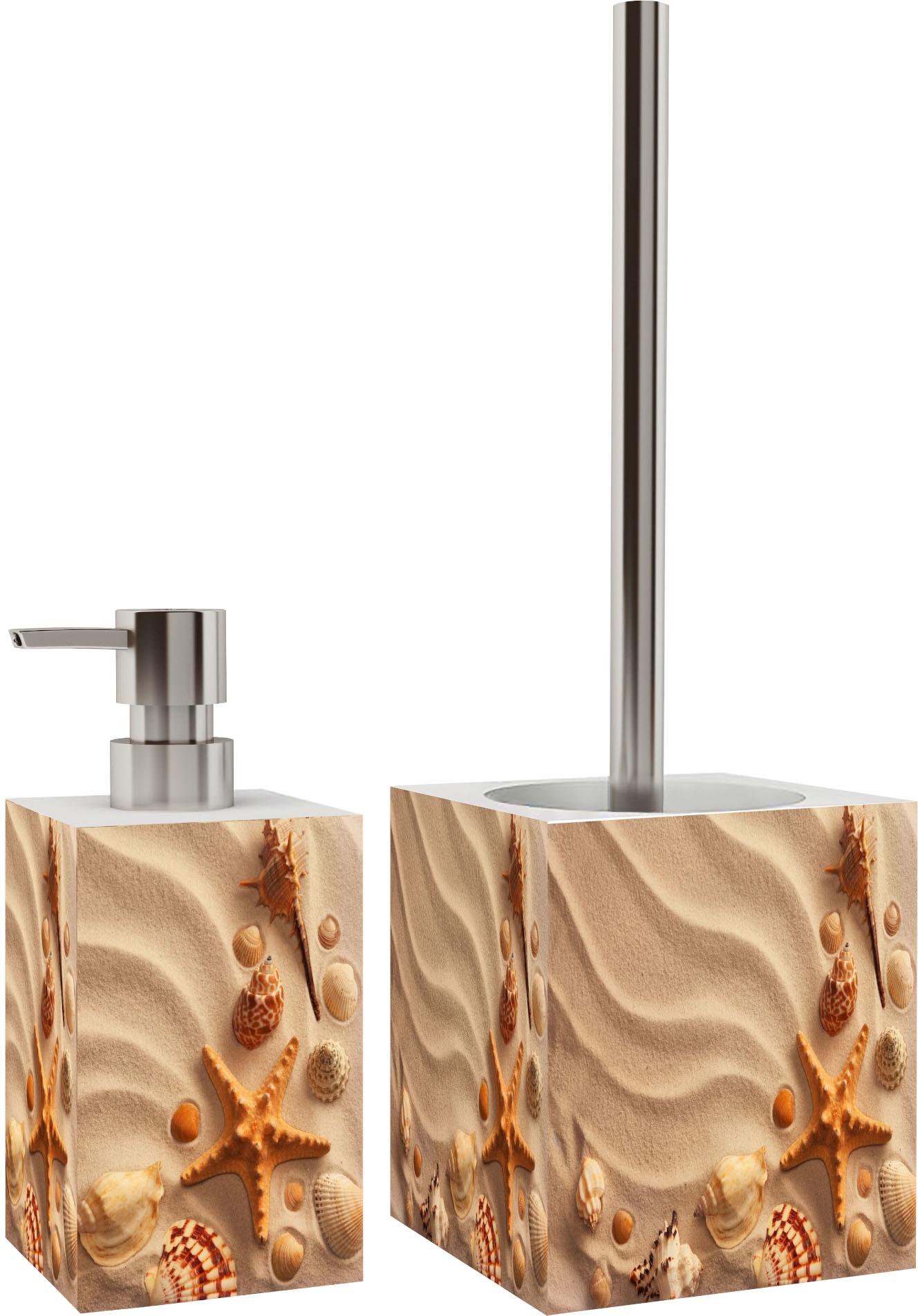 Sanilo Set d'accessoires de salle de bain »mit Motiv, viele schöne Seifenspender und WC Bürsten zur Auswahl« 2-tlg., Desinfektionsspender mit stabiler Pumpe, hochwertig & modern