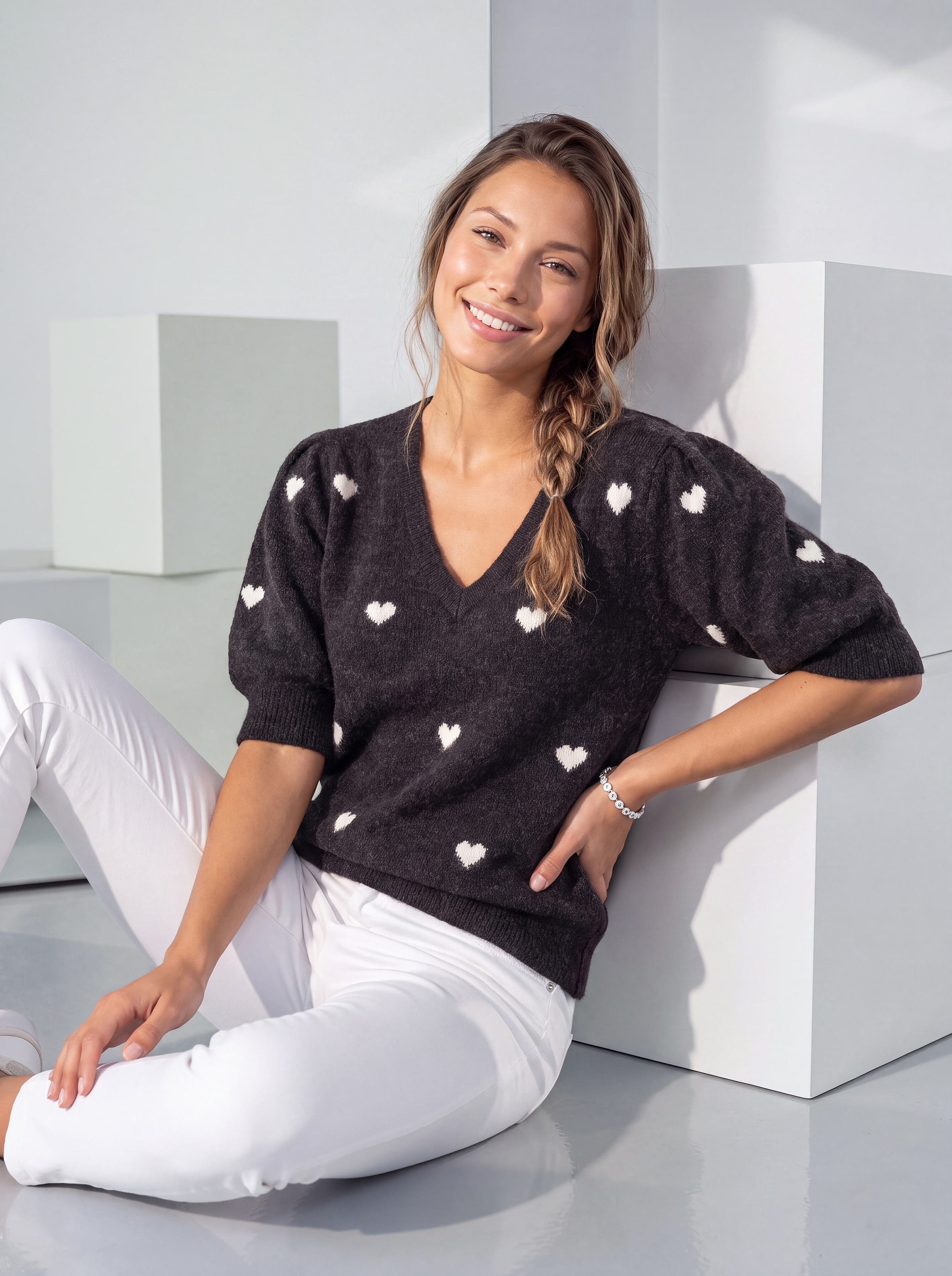 LASCANA Pull à manches courtes »mit Herzmuster, V-Pullover mit kurzen Puffärmeln« pull en maille douillet avec cœurs, pull jacquard motif cœur