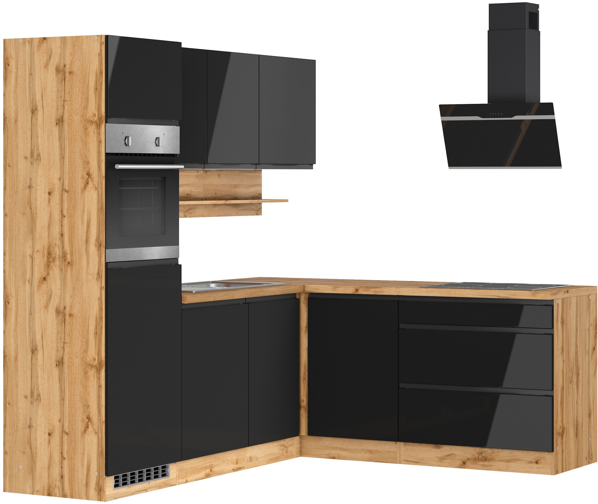 KOCHSTATION Cuisine d'angle »KS-Virginia,neu in verbesserter Ausführung« plan de travail épaisseur 38 mm, rangement, fermeture douce,  largeur réglable 230/190 cm, fermeture douce, avec appareils électriques en option