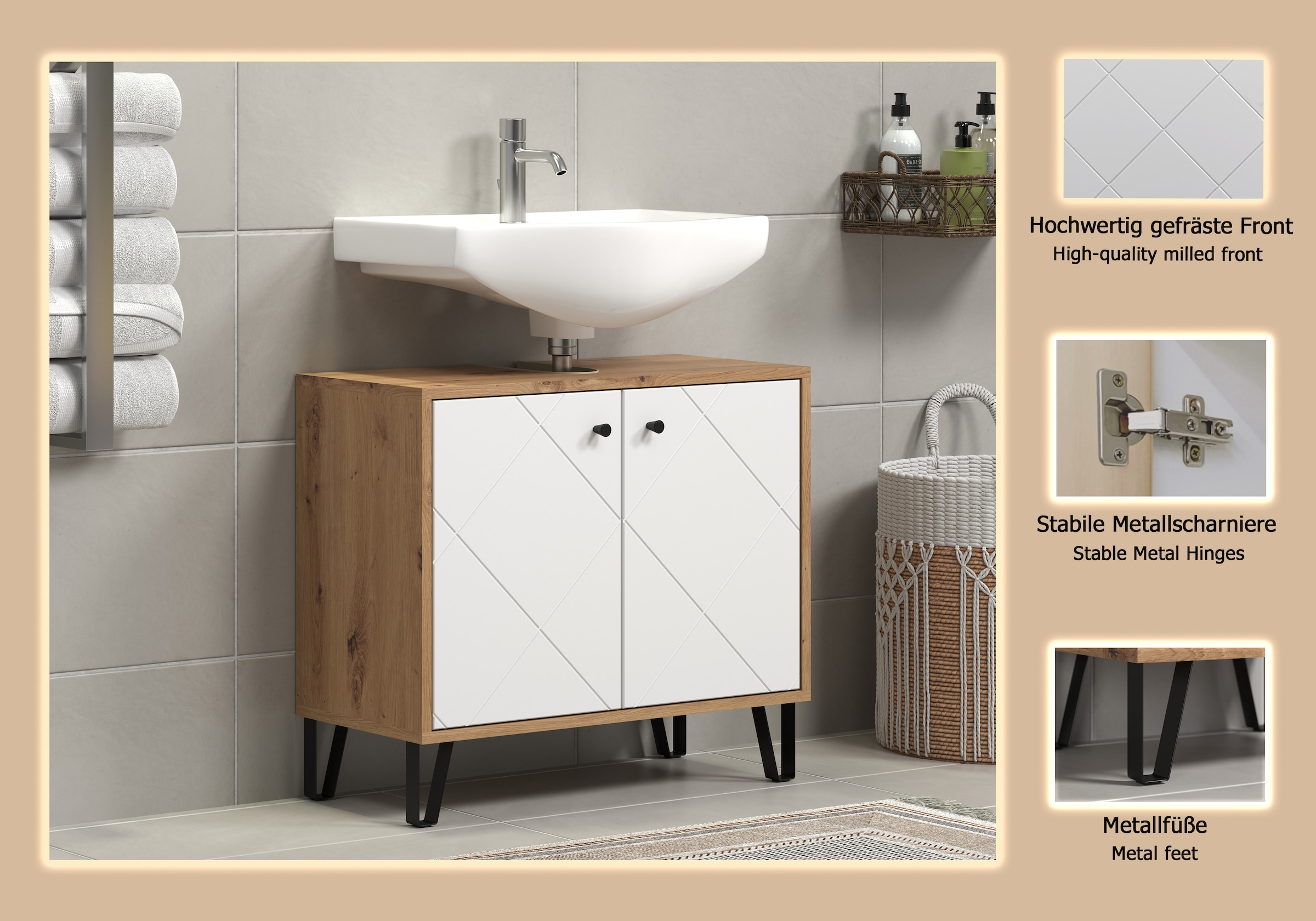 PLACES OF STYLE Armoire sous lavabo »Tarragona« 1 cuis tlg. Waschbeckenunterschrank mit 2 Türen - (B/T/H) 69/32/61 cm