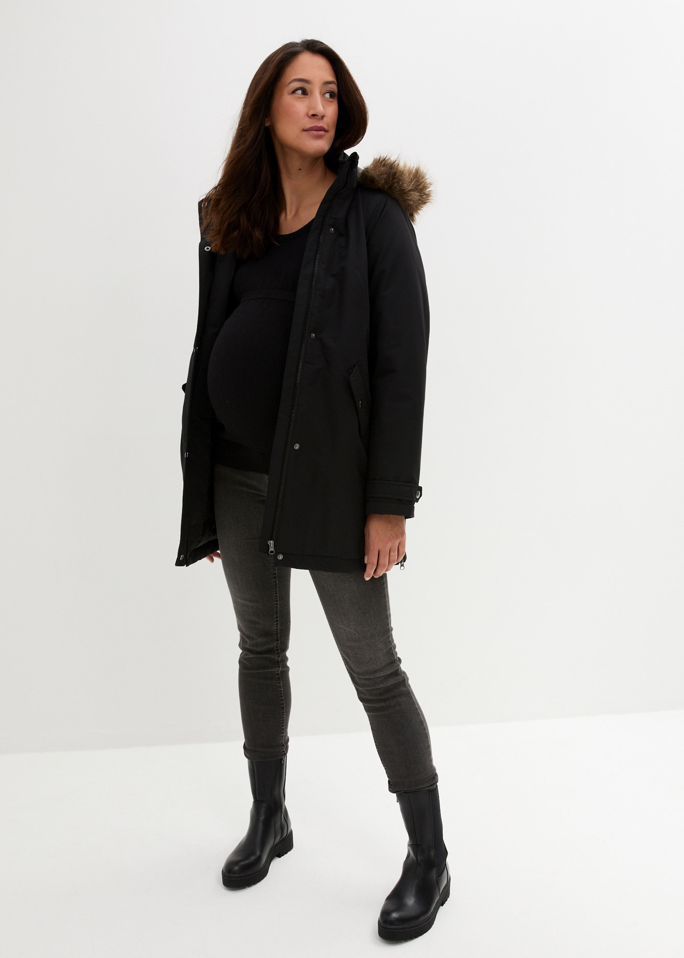 bonprix Umstandsjacke mit Kapuze mit elastischem Gummizug, seitlicher Erweiterung durch Reissverschlüsse